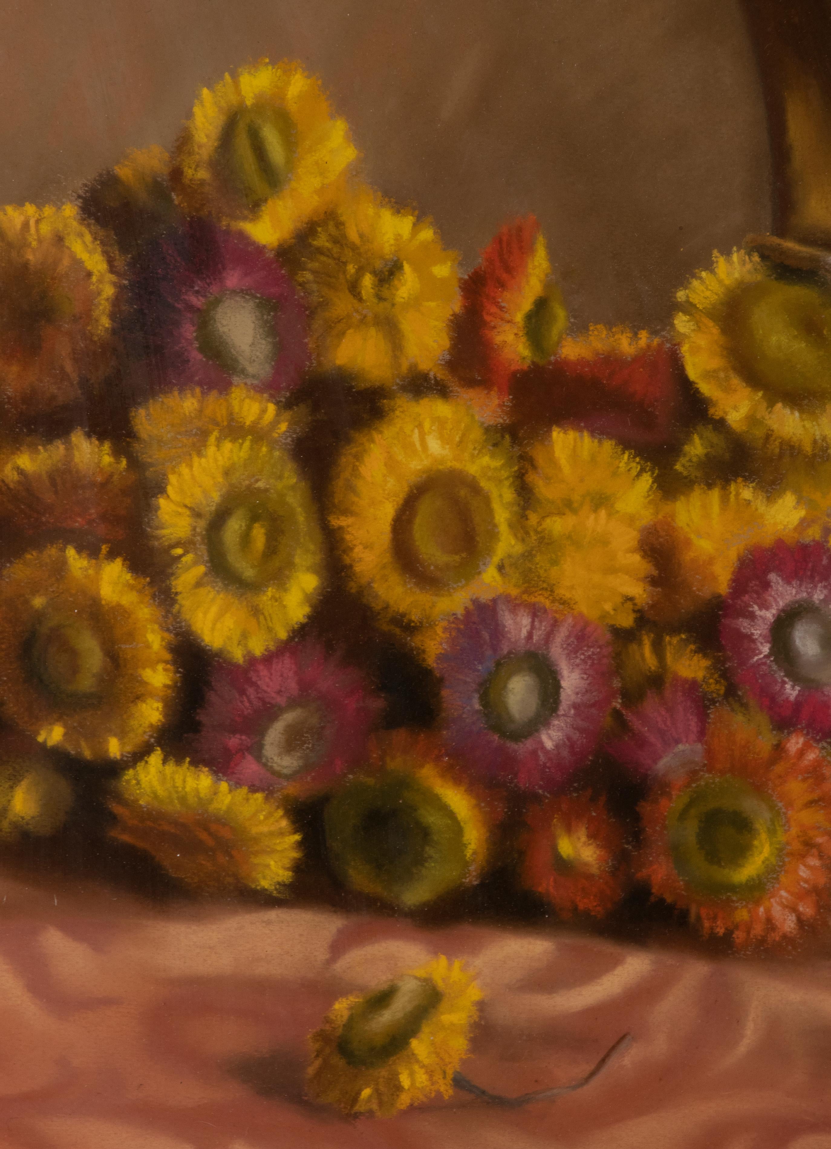 Romantic Mid 20th Century Flower Still Life in Pastel on Board Paintin by Simone Dujardin For Sale