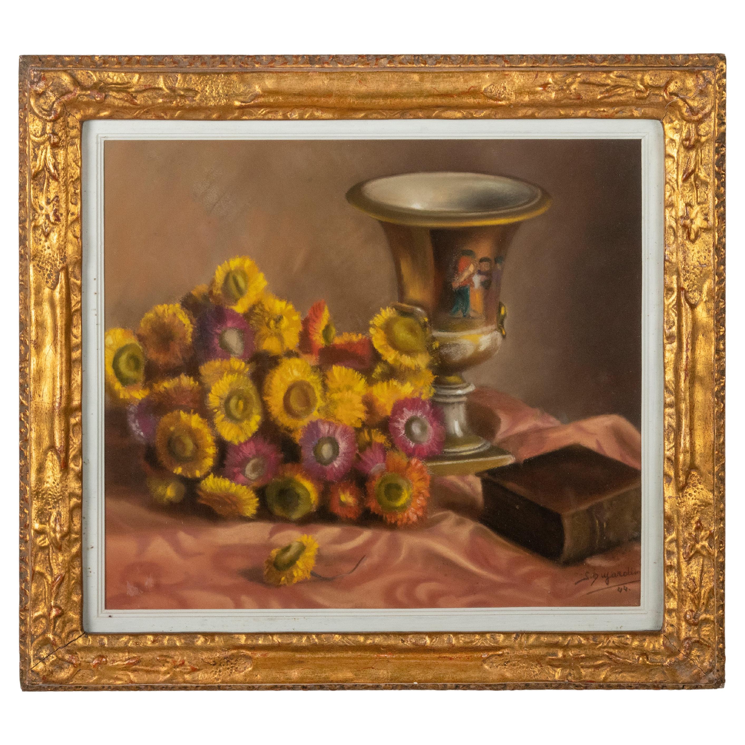 Mid 20th Century Flower Still Life in Pastel on Board Paintin by Simone Dujardin For Sale