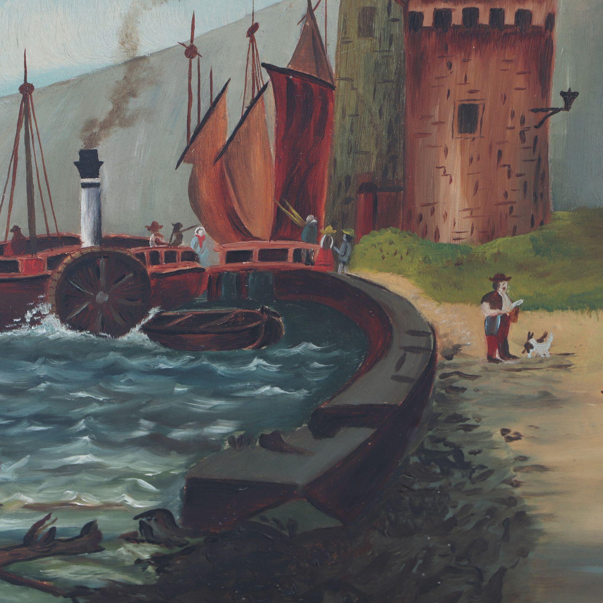 Mitte des 20. Jahrhunderts Folk Art Seelandschaft Ölgemälde, gerahmt im Zustand „Gut“ im Angebot in Philadelphia, PA