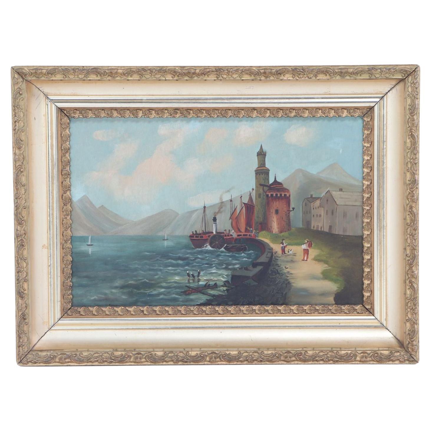 Peinture à l'huile d'art populaire du milieu du 20e siècle représentant un paysage marin, encadrée