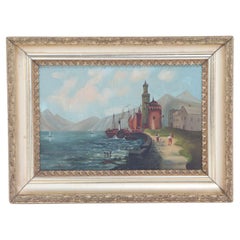 Vintage Mid 20th Century Folk Art Seascape Oil Painting, Framed