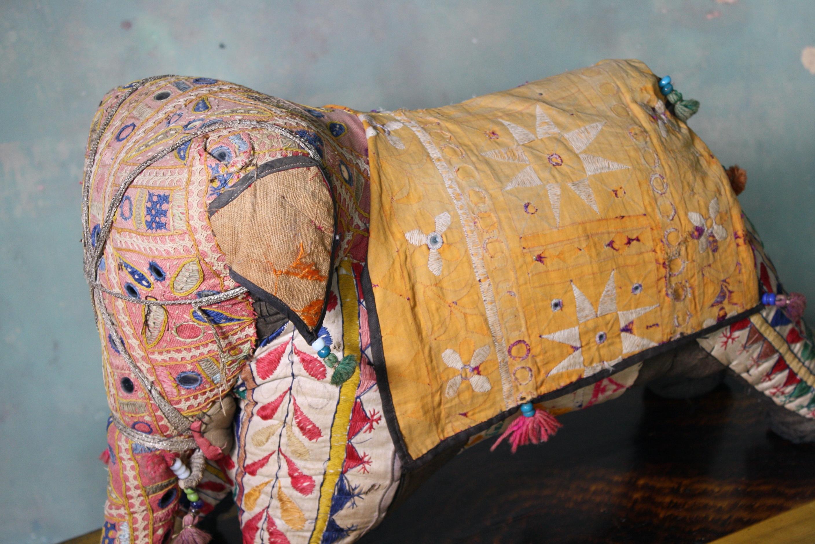 Mid-20th Century Folk Art Stuffed Indian Elephant Ottoman Foot Stool 5