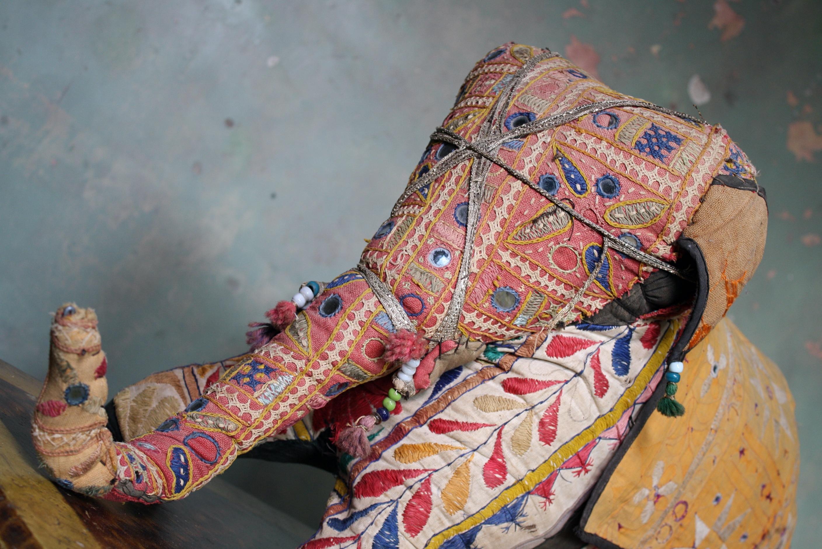 Mid-20th Century Folk Art Stuffed Indian Elephant Ottoman Foot Stool 7