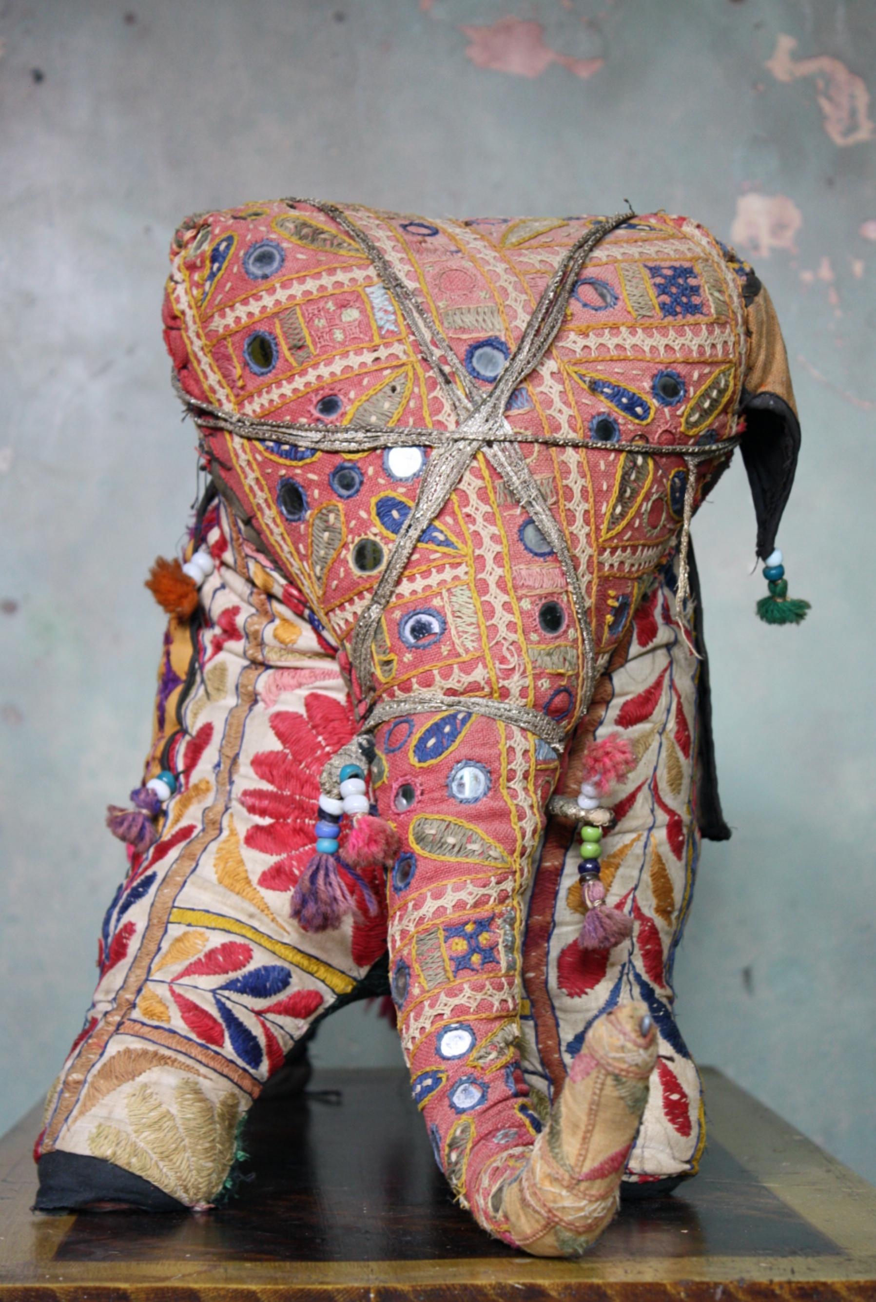 Mid-20th Century Folk Art Stuffed Indian Elephant Ottoman Foot Stool 8