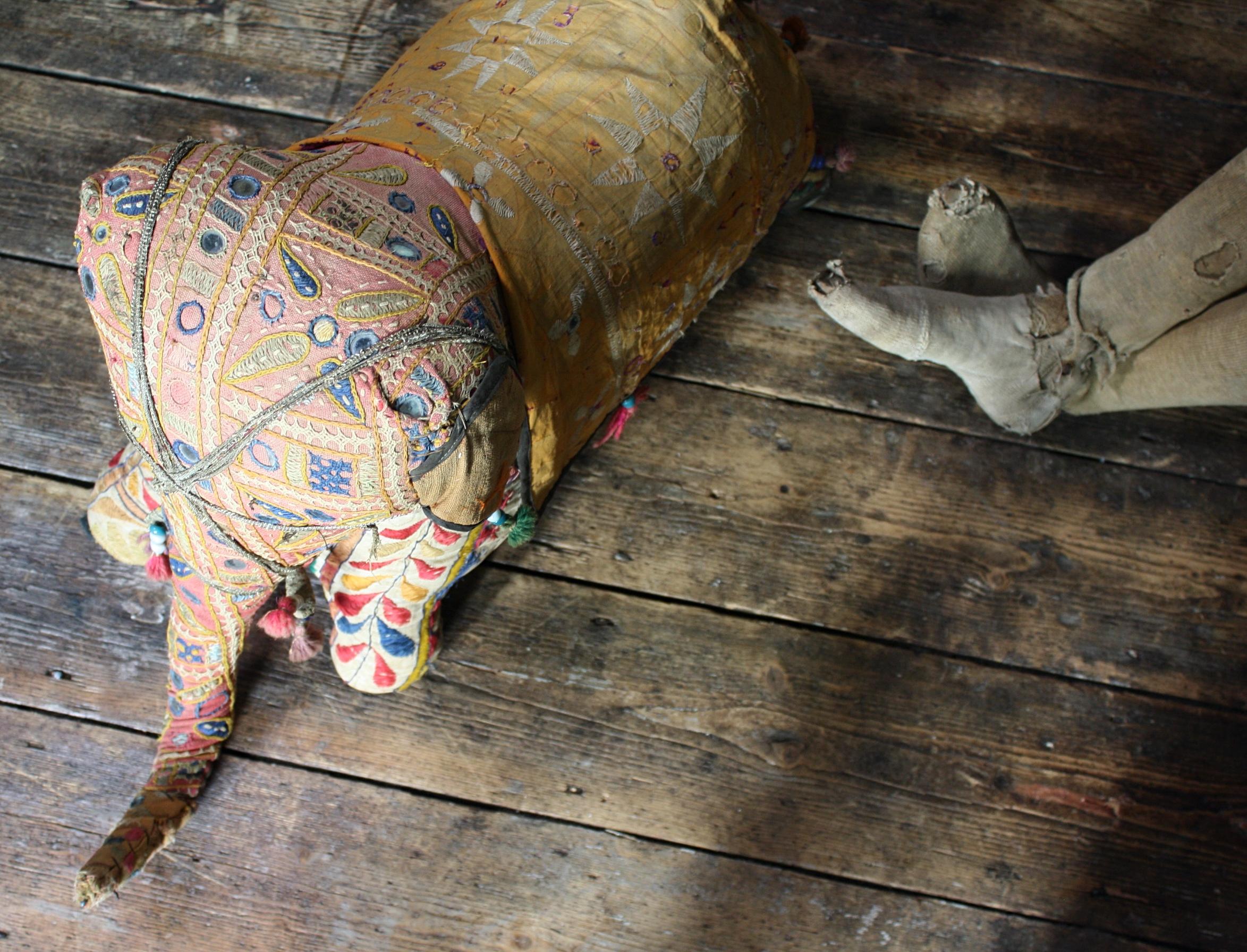 Mid-20th Century Folk Art Stuffed Indian Elephant Ottoman Foot Stool 10