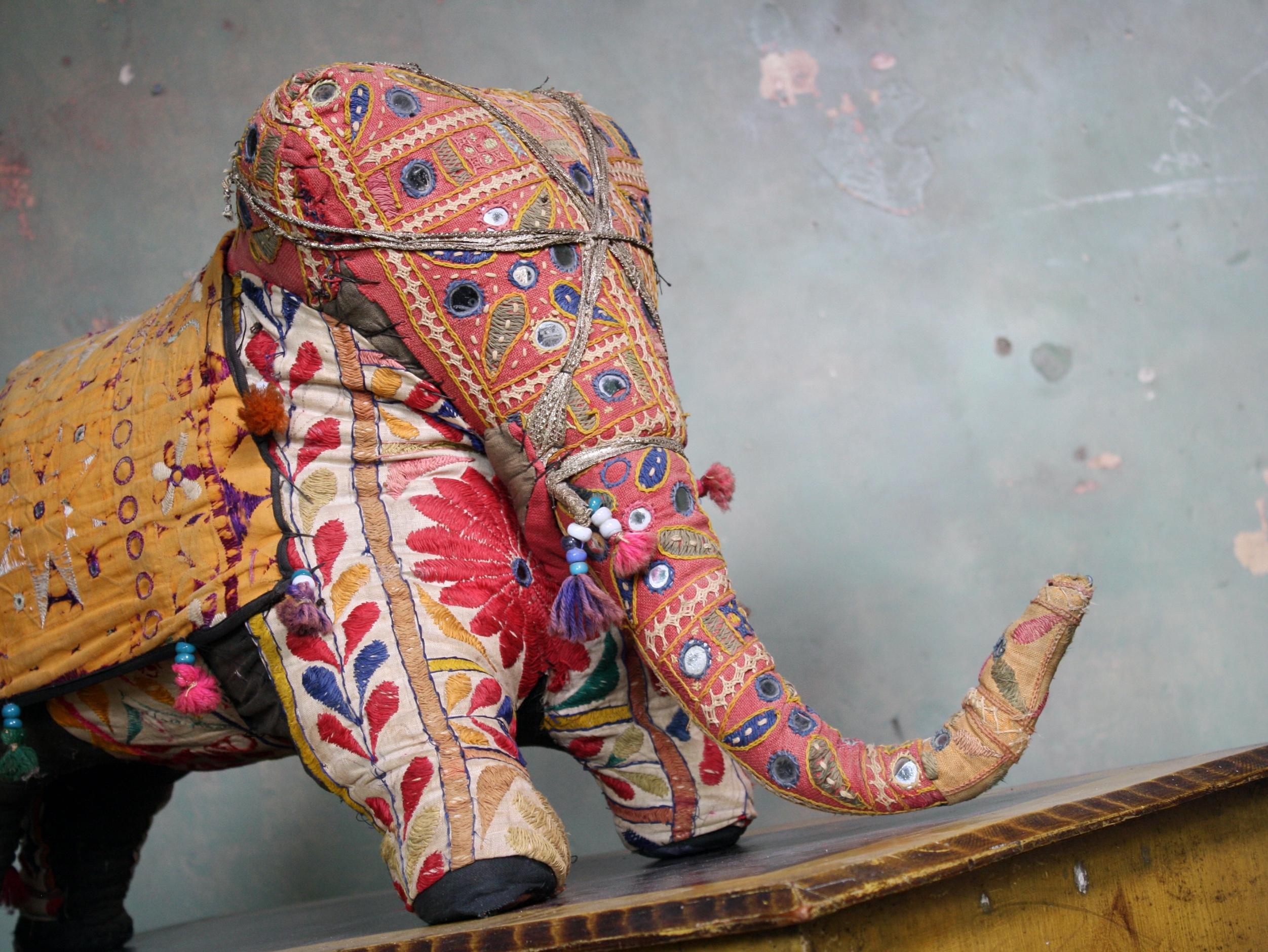 Mid-20th Century Folk Art Stuffed Indian Elephant Ottoman Foot Stool 1