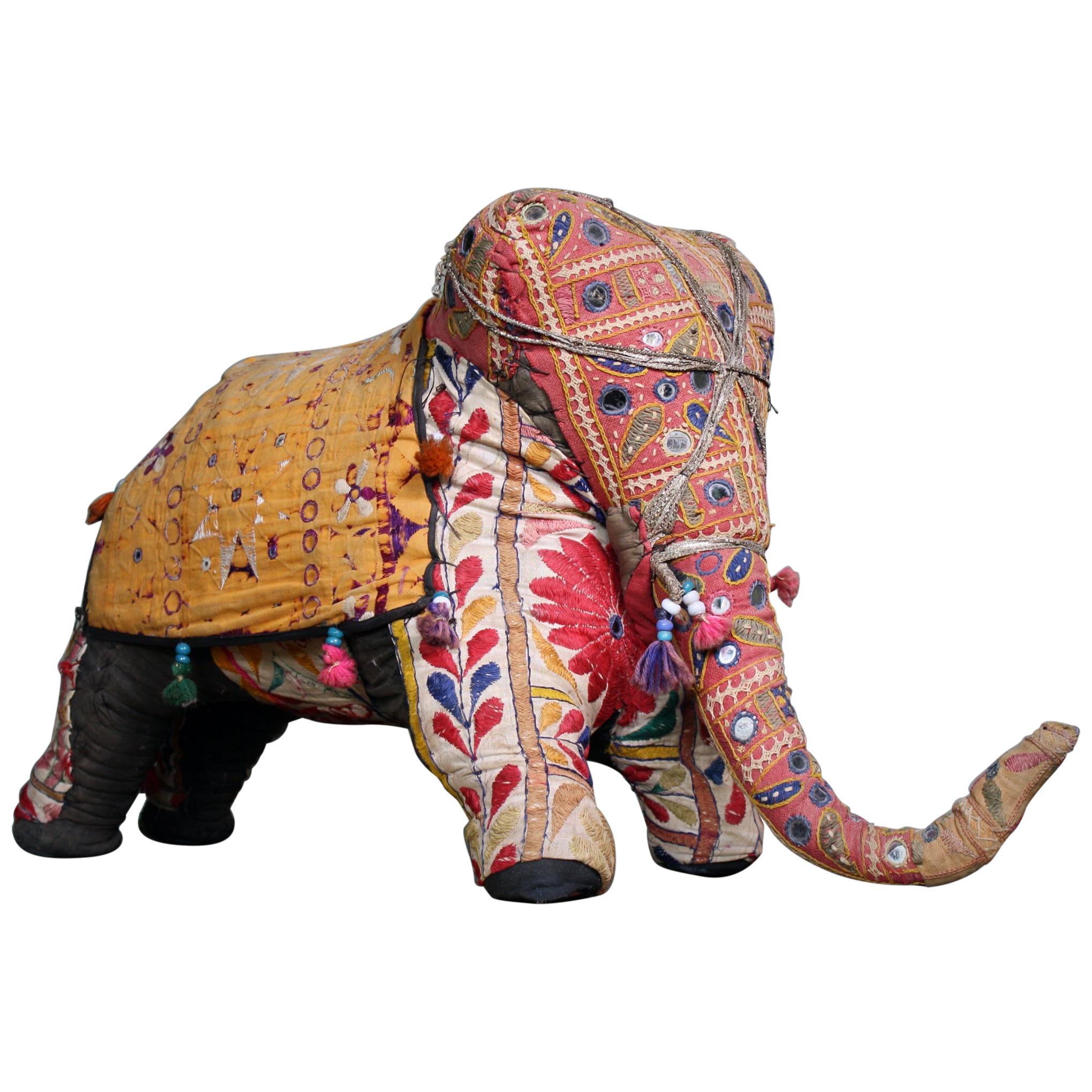 Mid-20th Century Folk Art Stuffed Indian Elephant Ottoman Foot Stool