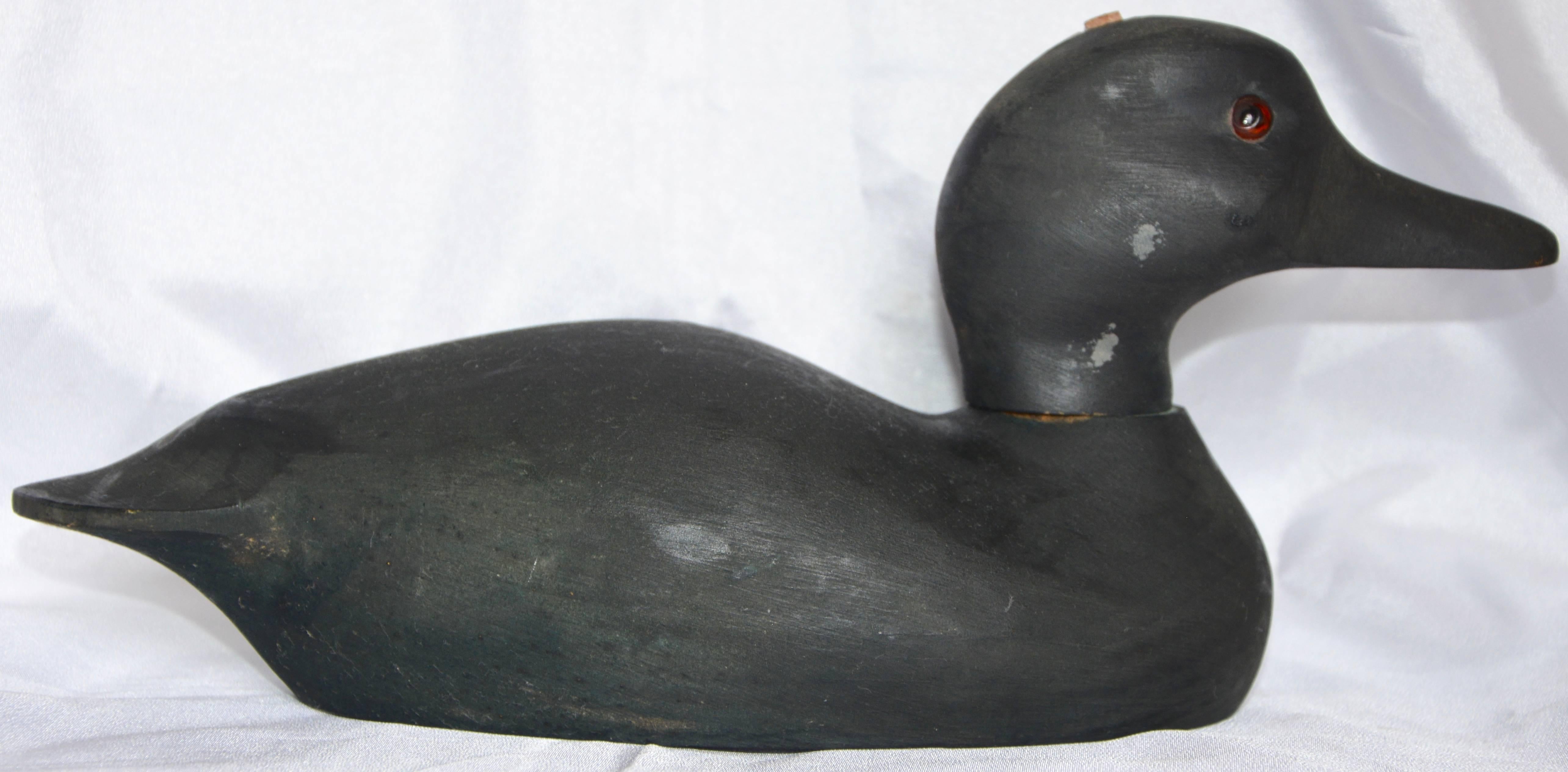 This unique duck decoy has a head that swivels. He is finished in a matte black paint with amber eyes. This will be a nice addition to your decoy collection.