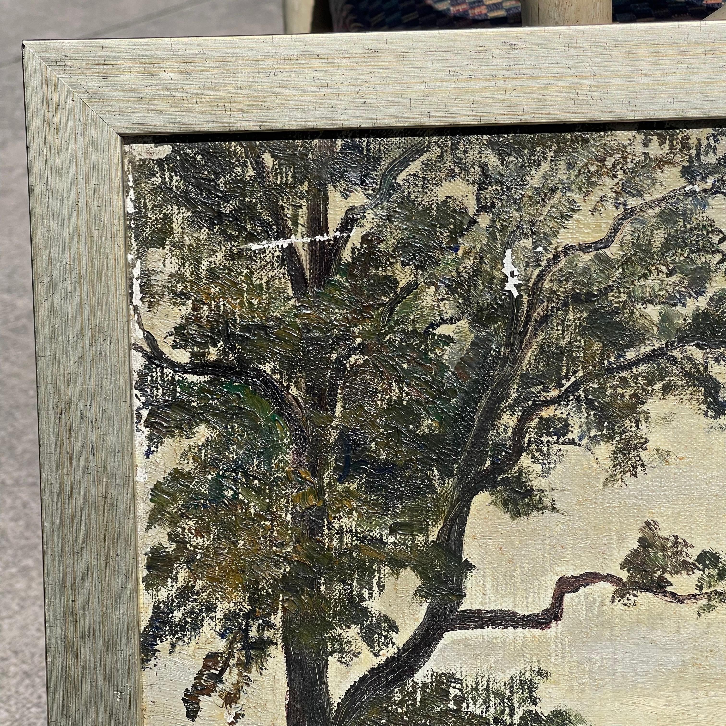 Mid-20th Century Folk Art WPA Style Oil on Canvas Painting, Pelham Bay Park In Good Condition For Sale In Jensen Beach, FL