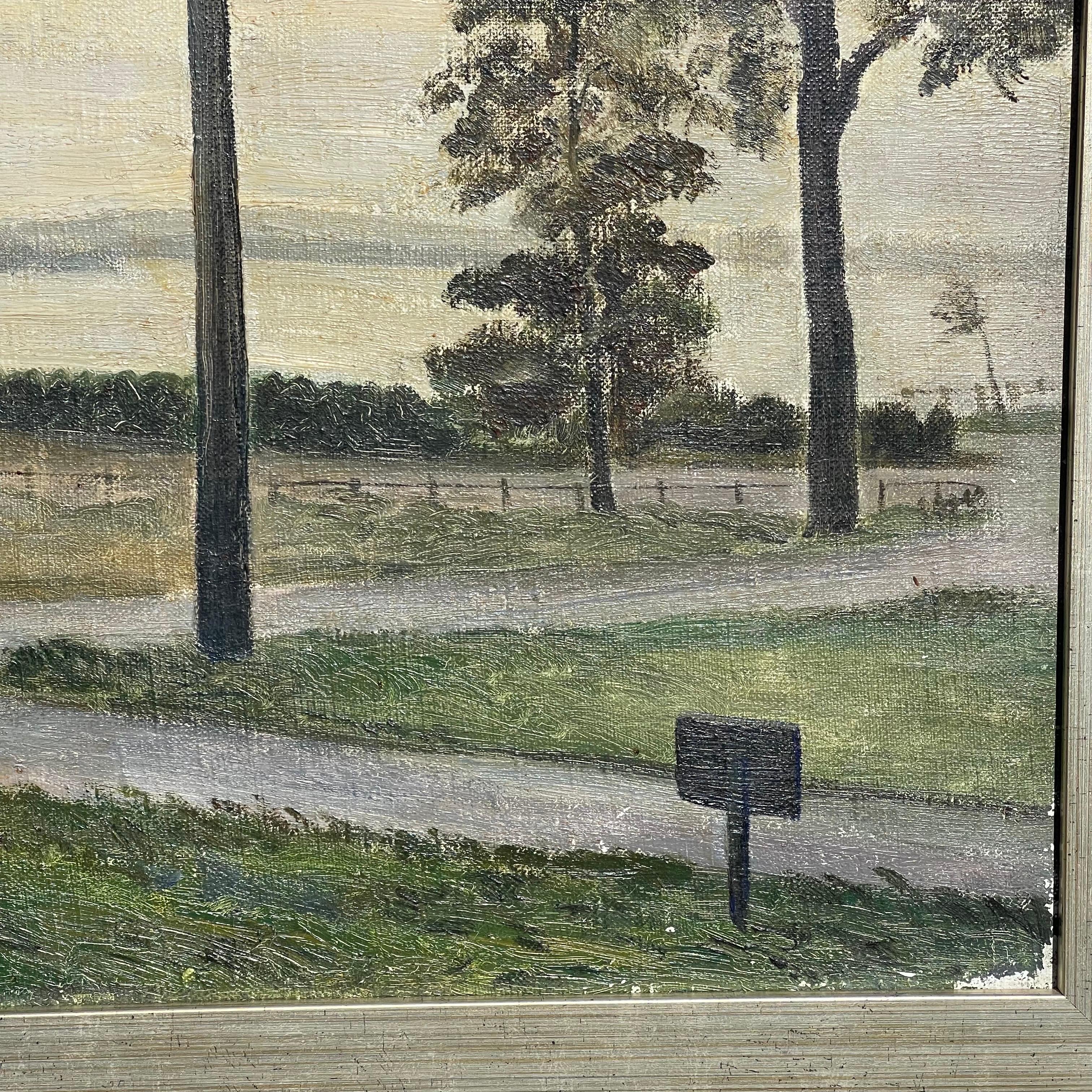 Mid-20th Century Folk Art WPA Style Oil on Canvas Painting, Pelham Bay Park For Sale 3