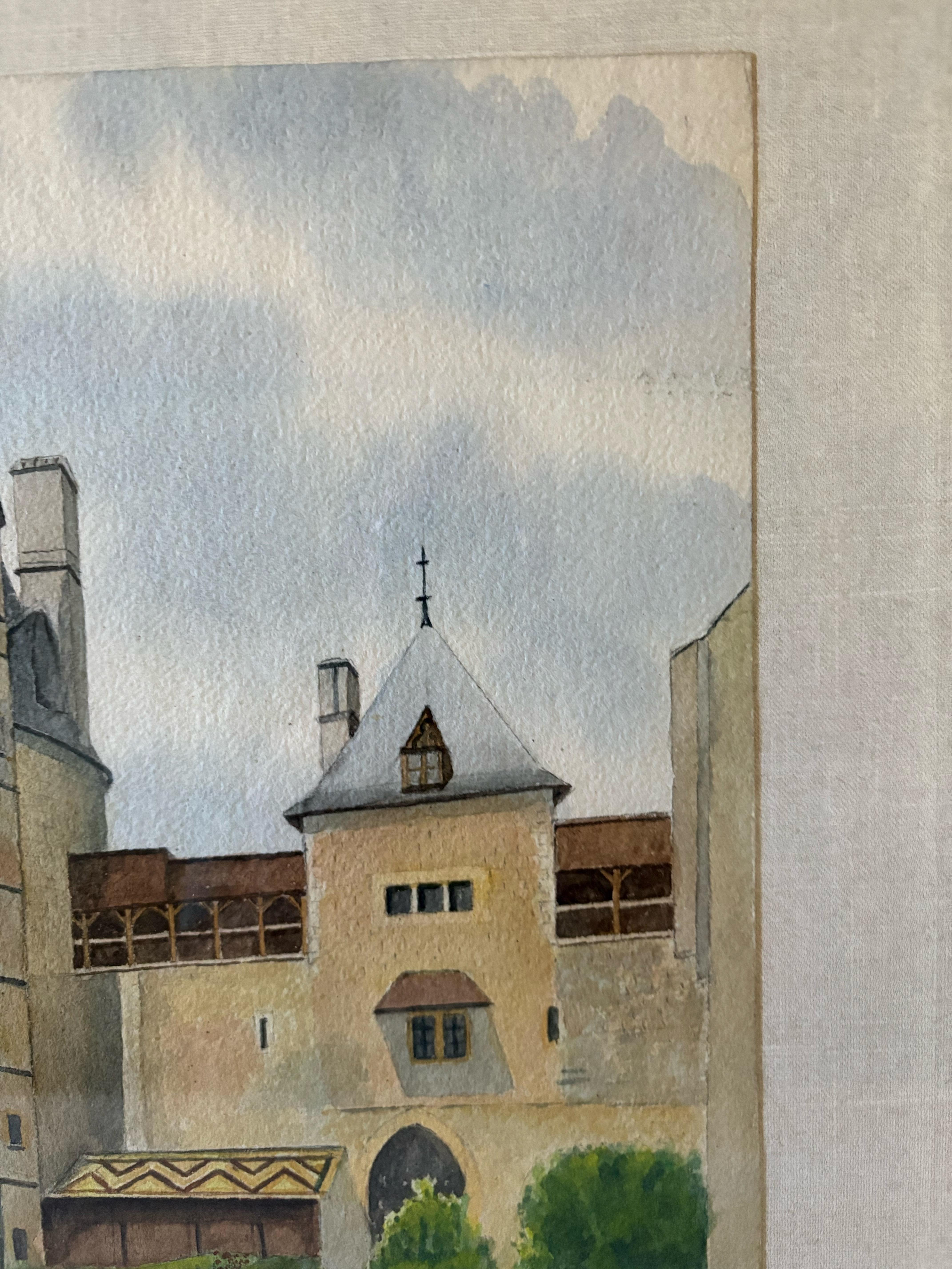 Mitte des 20. Jahrhunderts gerahmt Französisch Aquarell Gemälde von Chateau La Roche Topf im Angebot 5