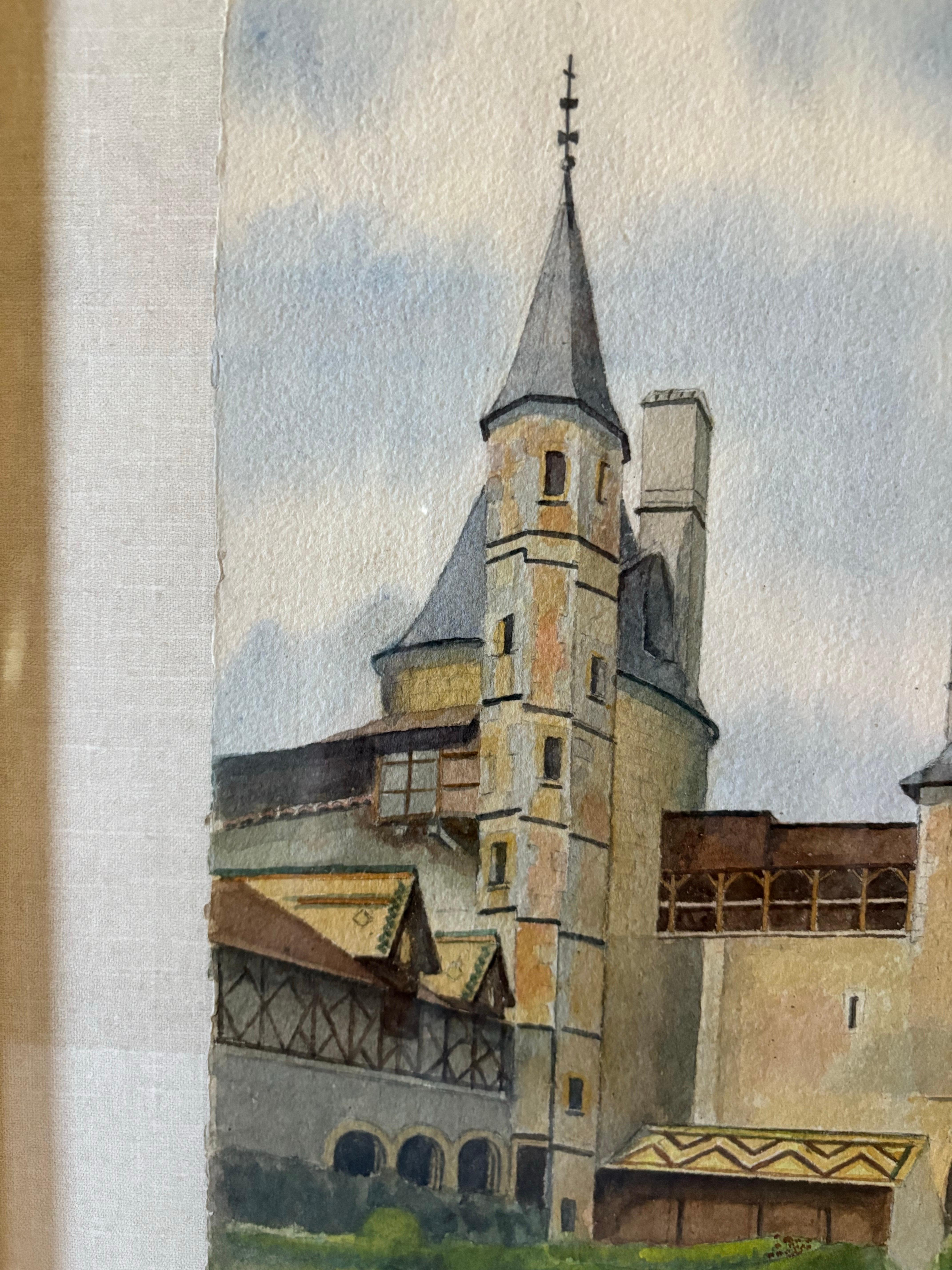 Mitte des 20. Jahrhunderts gerahmt Französisch Aquarell Gemälde von Chateau La Roche Topf im Angebot 6