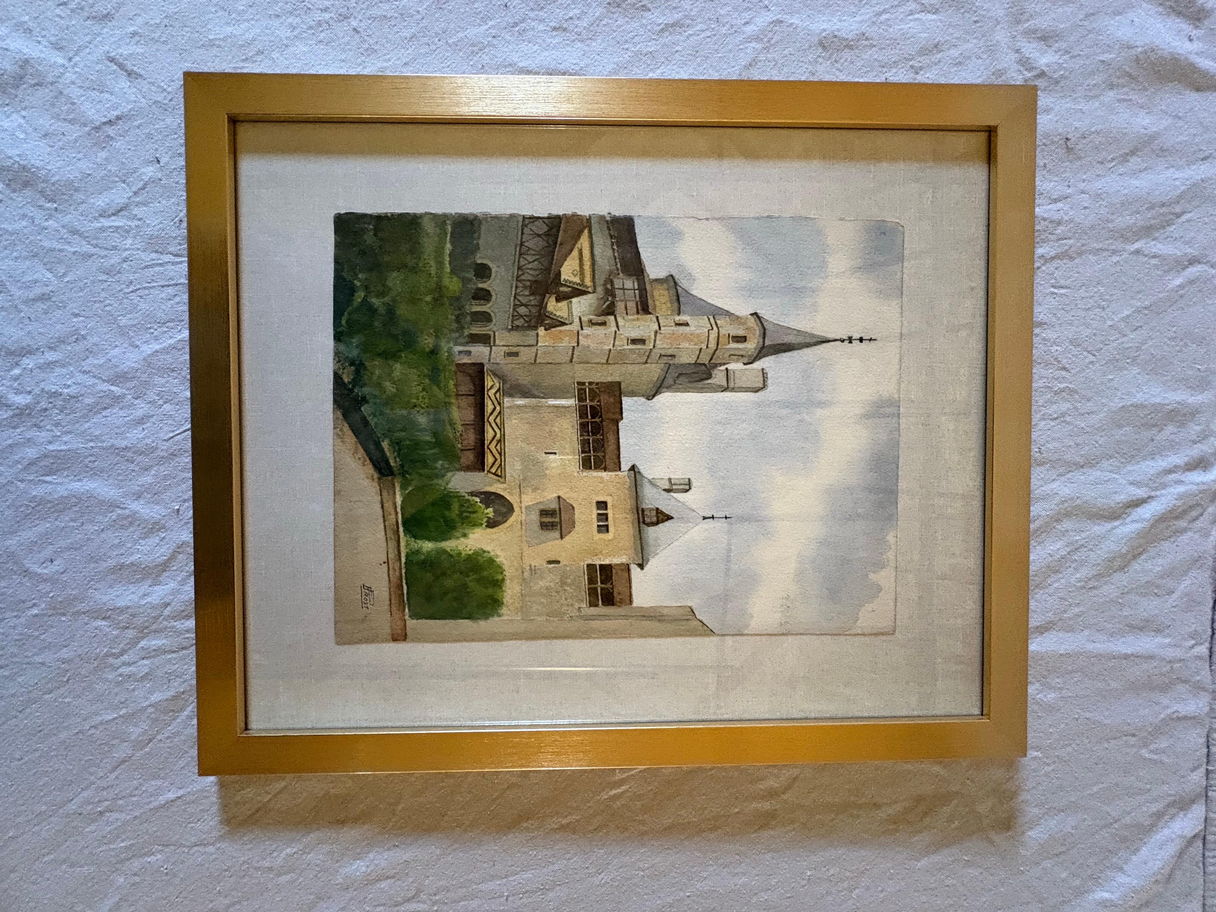 Mitte des 20. Jahrhunderts gerahmt Französisch Aquarell Gemälde von Chateau La Roche Topf im Angebot 8