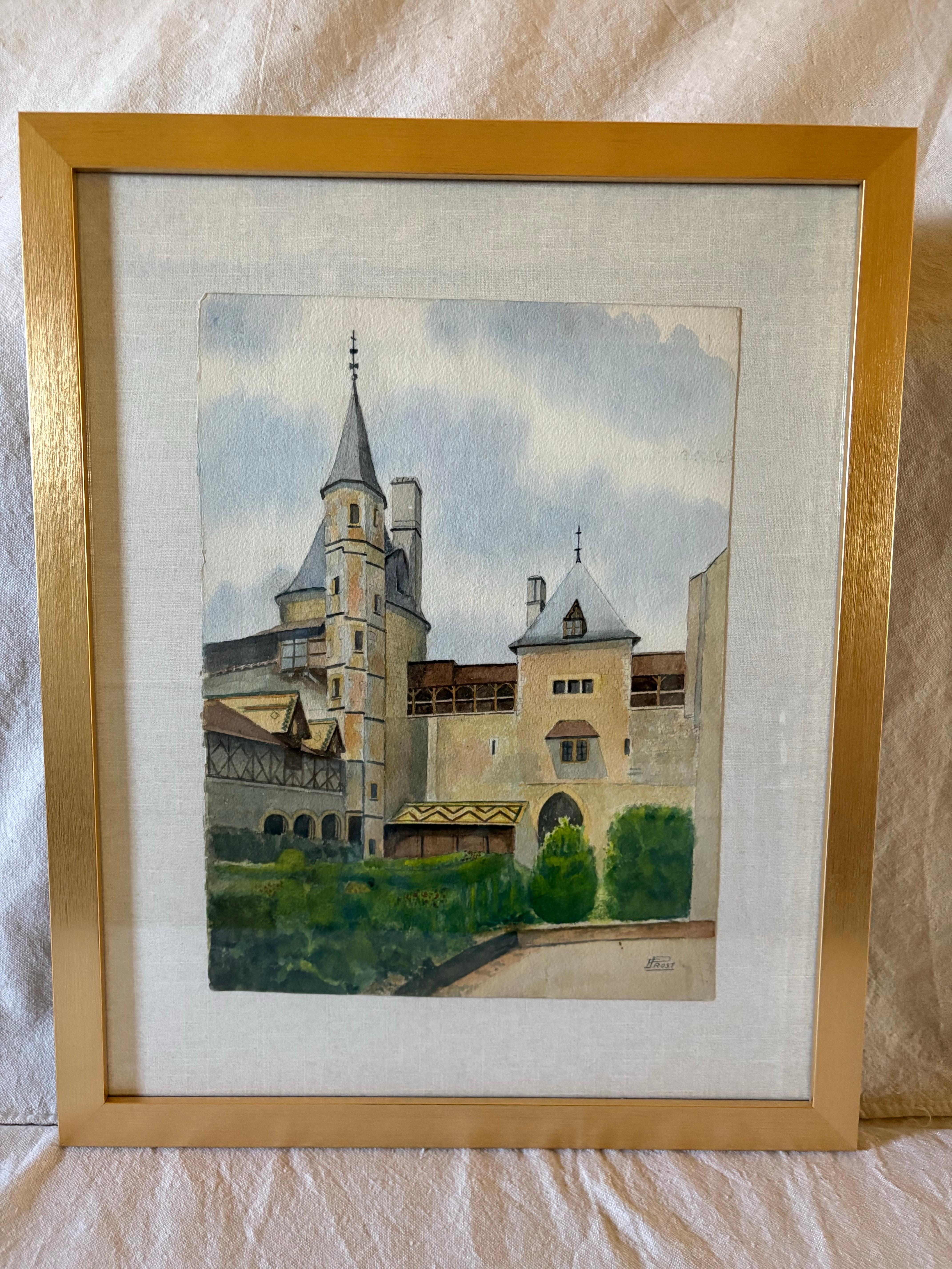 Gefunden in Südfrankreich, diese schöne Mitte des 20. Jahrhunderts Französisch Aquarell des Chateau La Roche Topf wurde von Hand auf schwere Künstler Papier in der Mitte 1900's gemalt. Das Chateau La Roche Pot ist eine feudale Burg aus dem 12.