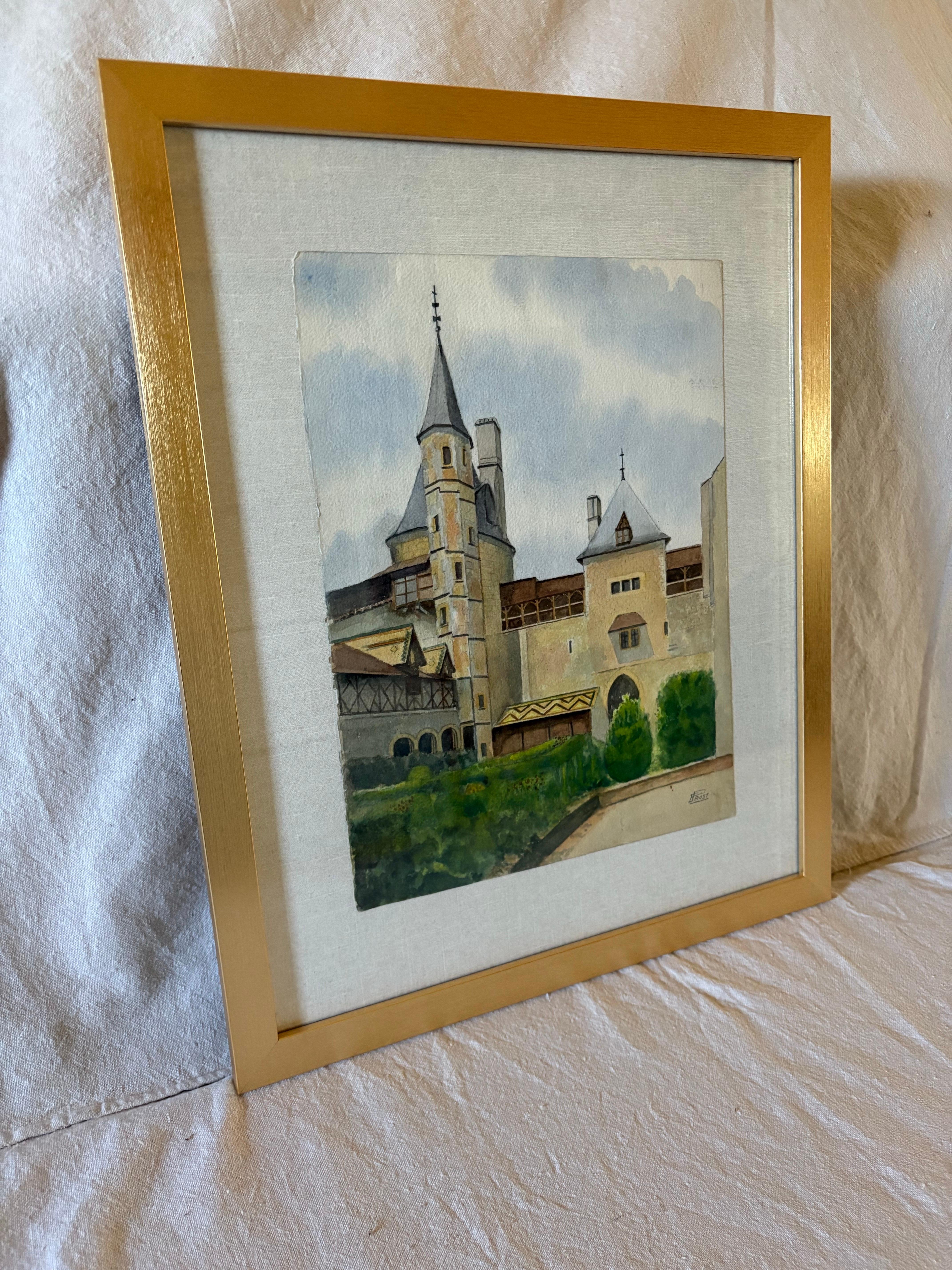 Mitte des 20. Jahrhunderts gerahmt Französisch Aquarell Gemälde von Chateau La Roche Topf im Zustand „Gut“ im Angebot in Burton, TX