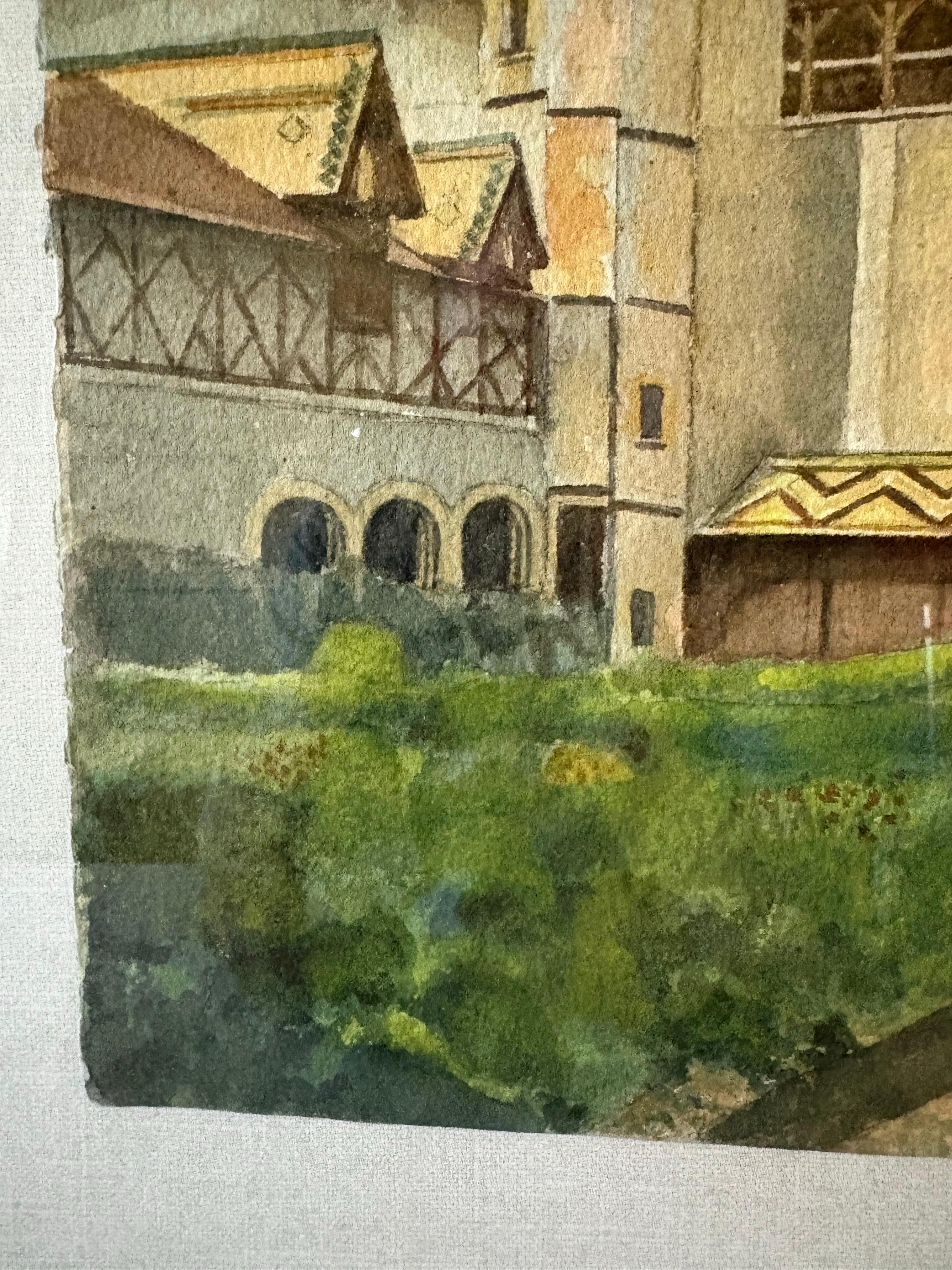 Mitte des 20. Jahrhunderts gerahmt Französisch Aquarell Gemälde von Chateau La Roche Topf (Farbe) im Angebot