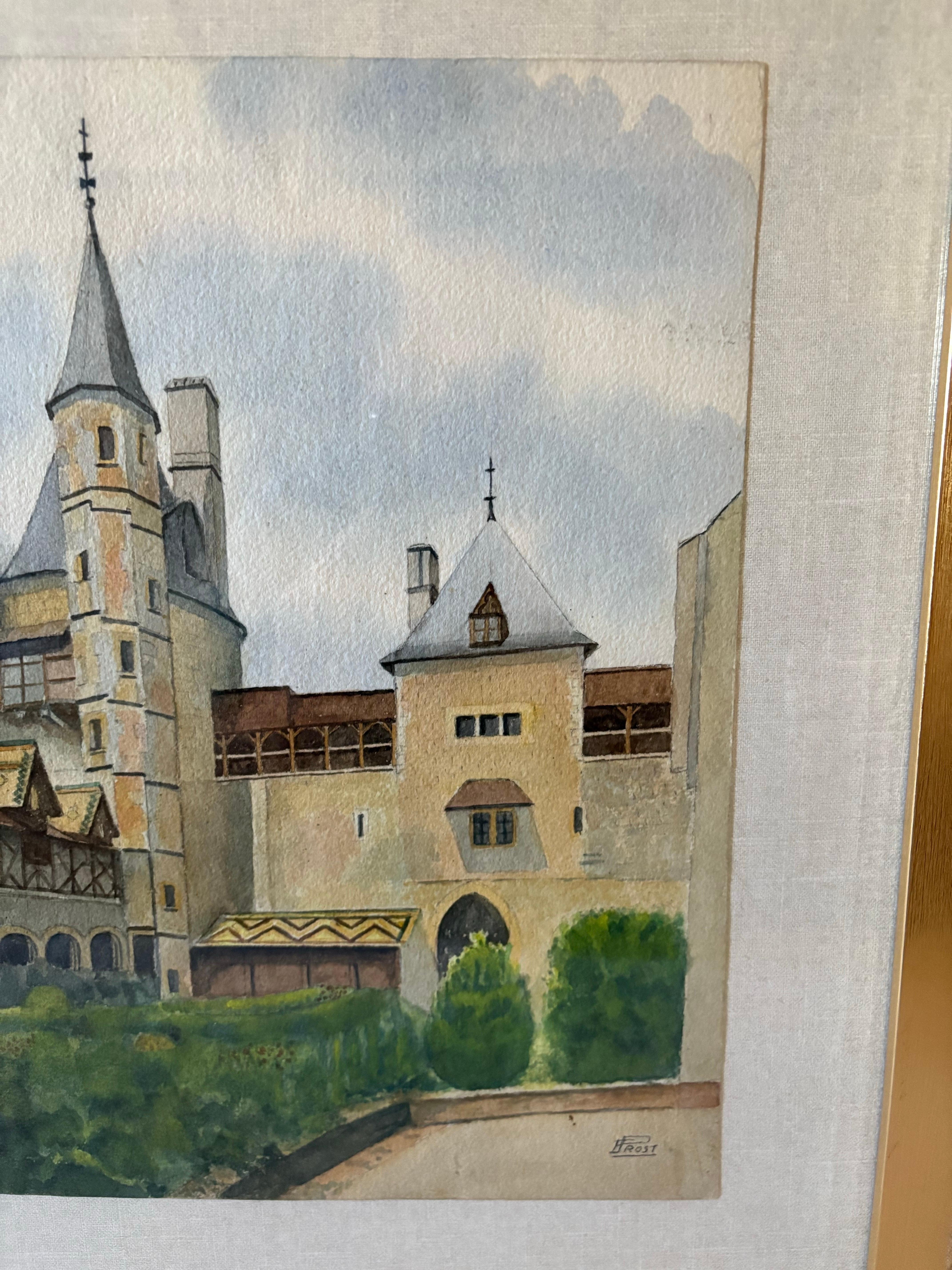 Mitte des 20. Jahrhunderts gerahmt Französisch Aquarell Gemälde von Chateau La Roche Topf im Angebot 1