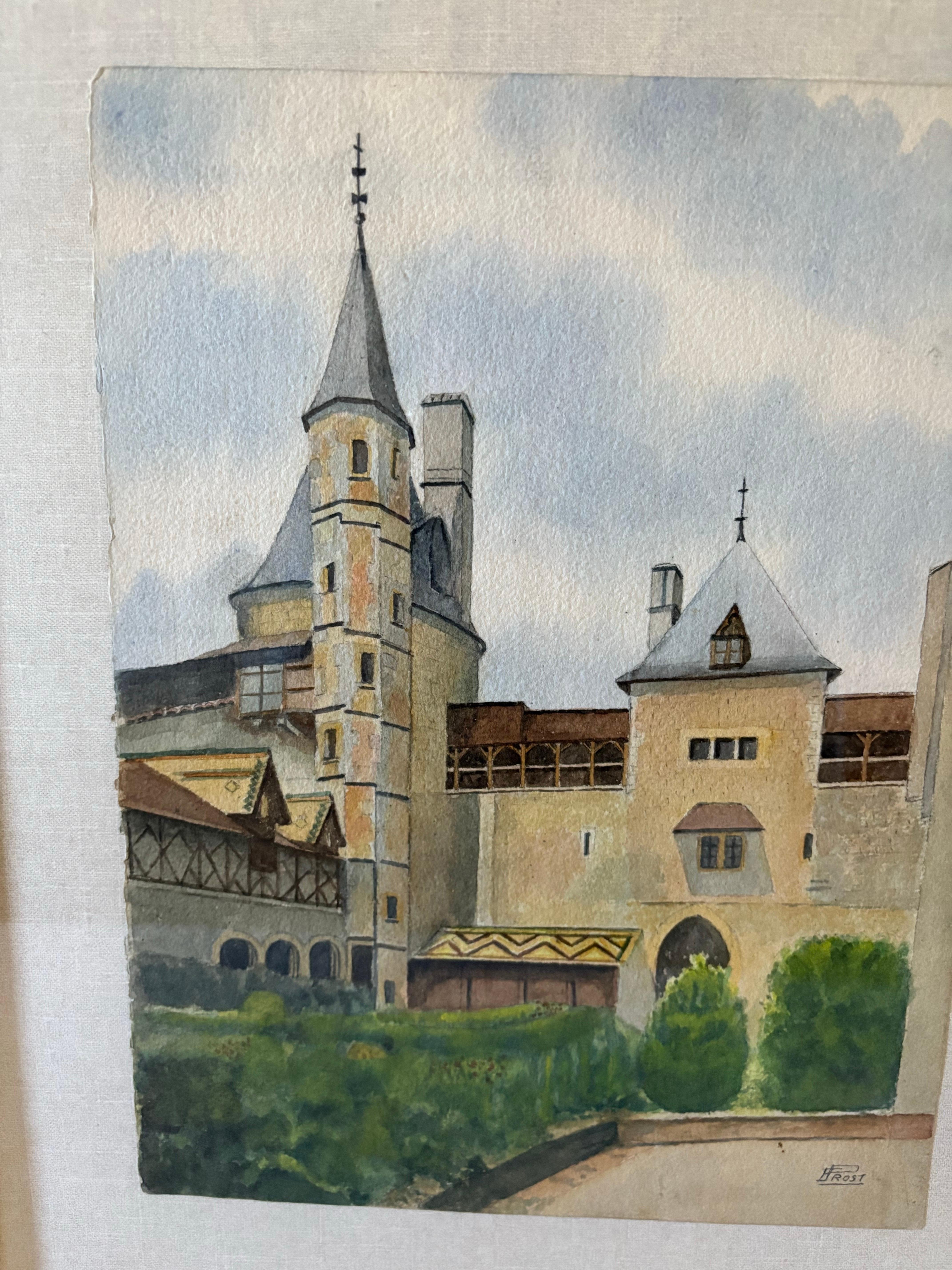 Mitte des 20. Jahrhunderts gerahmt Französisch Aquarell Gemälde von Chateau La Roche Topf im Angebot 2