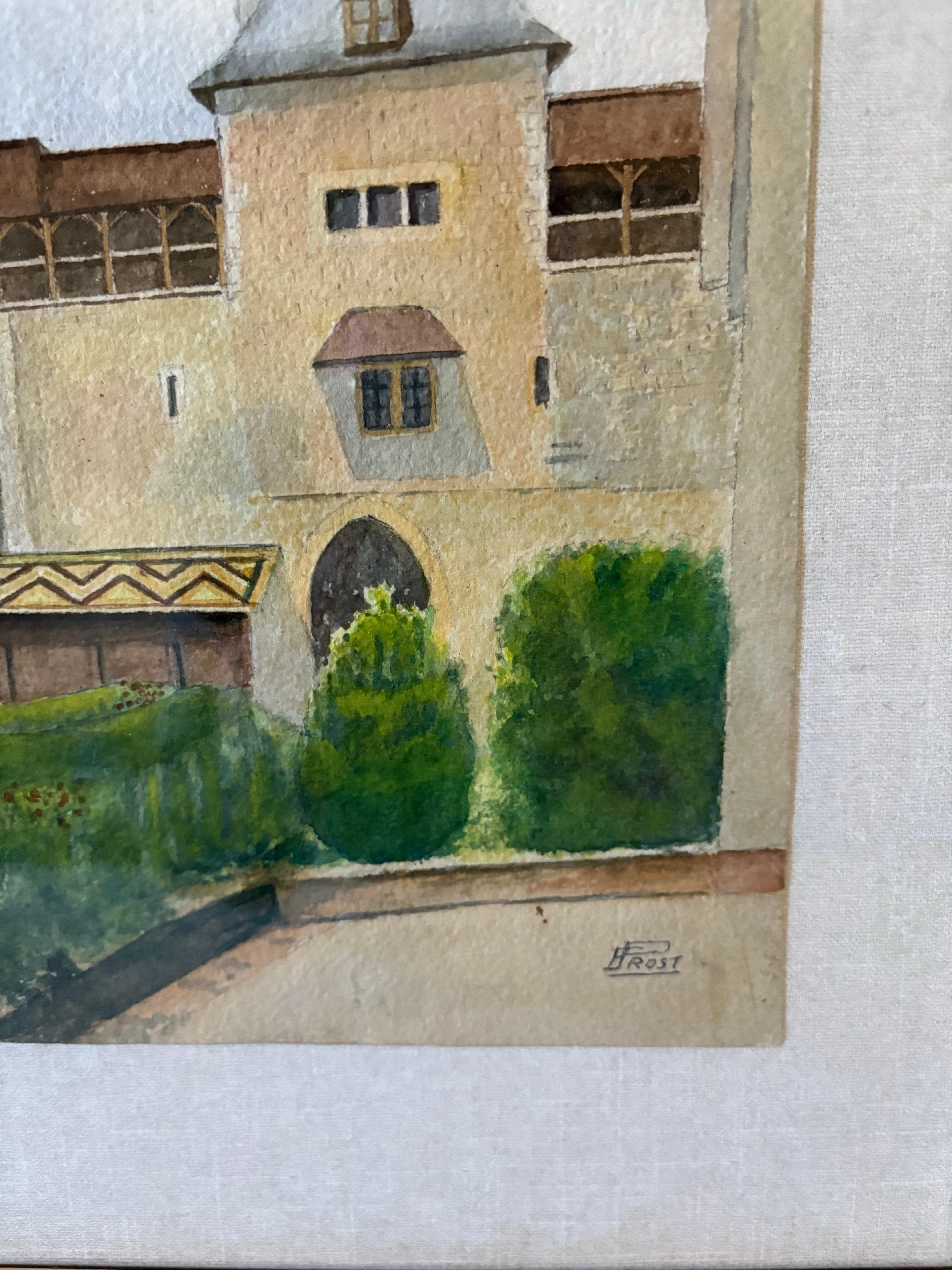 Mitte des 20. Jahrhunderts gerahmt Französisch Aquarell Gemälde von Chateau La Roche Topf im Angebot 4
