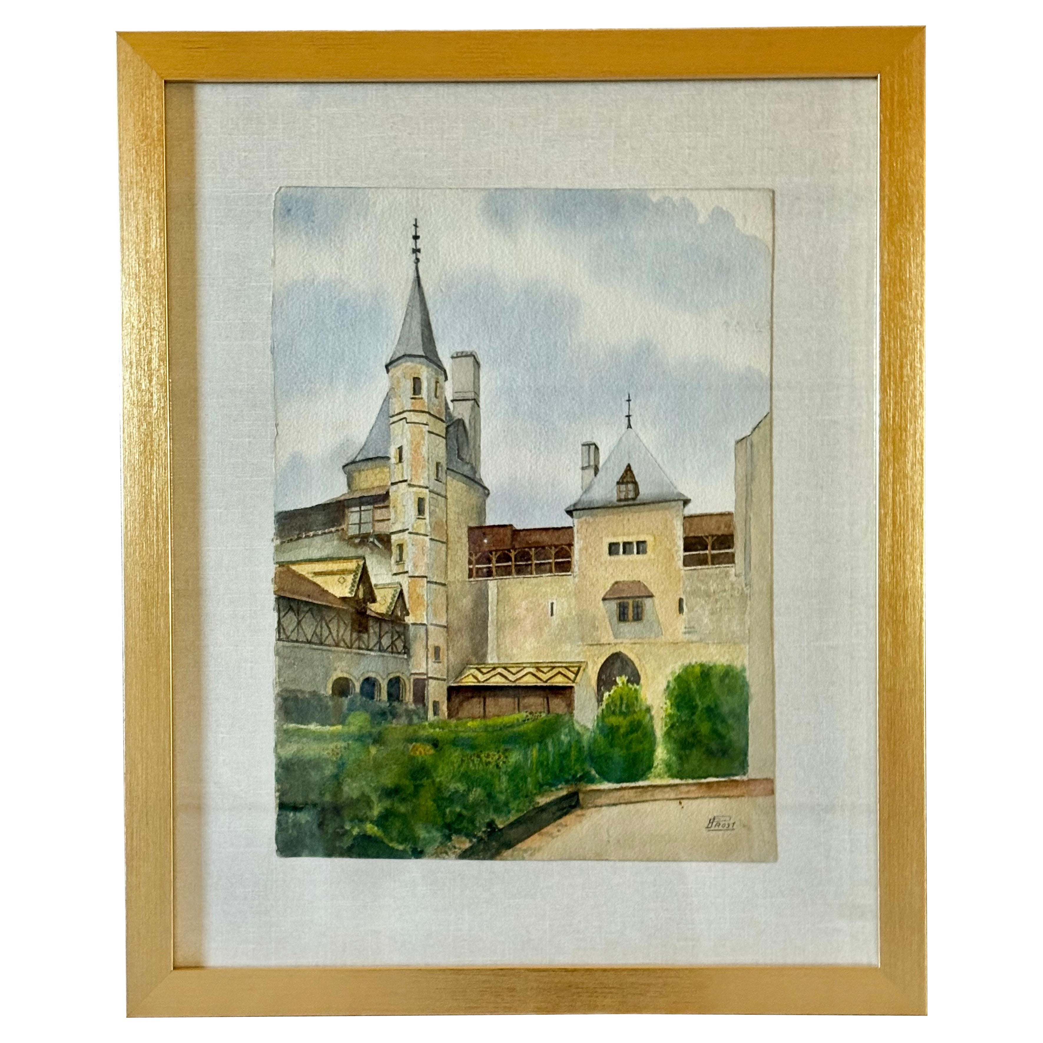 Mitte des 20. Jahrhunderts gerahmt Französisch Aquarell Gemälde von Chateau La Roche Topf