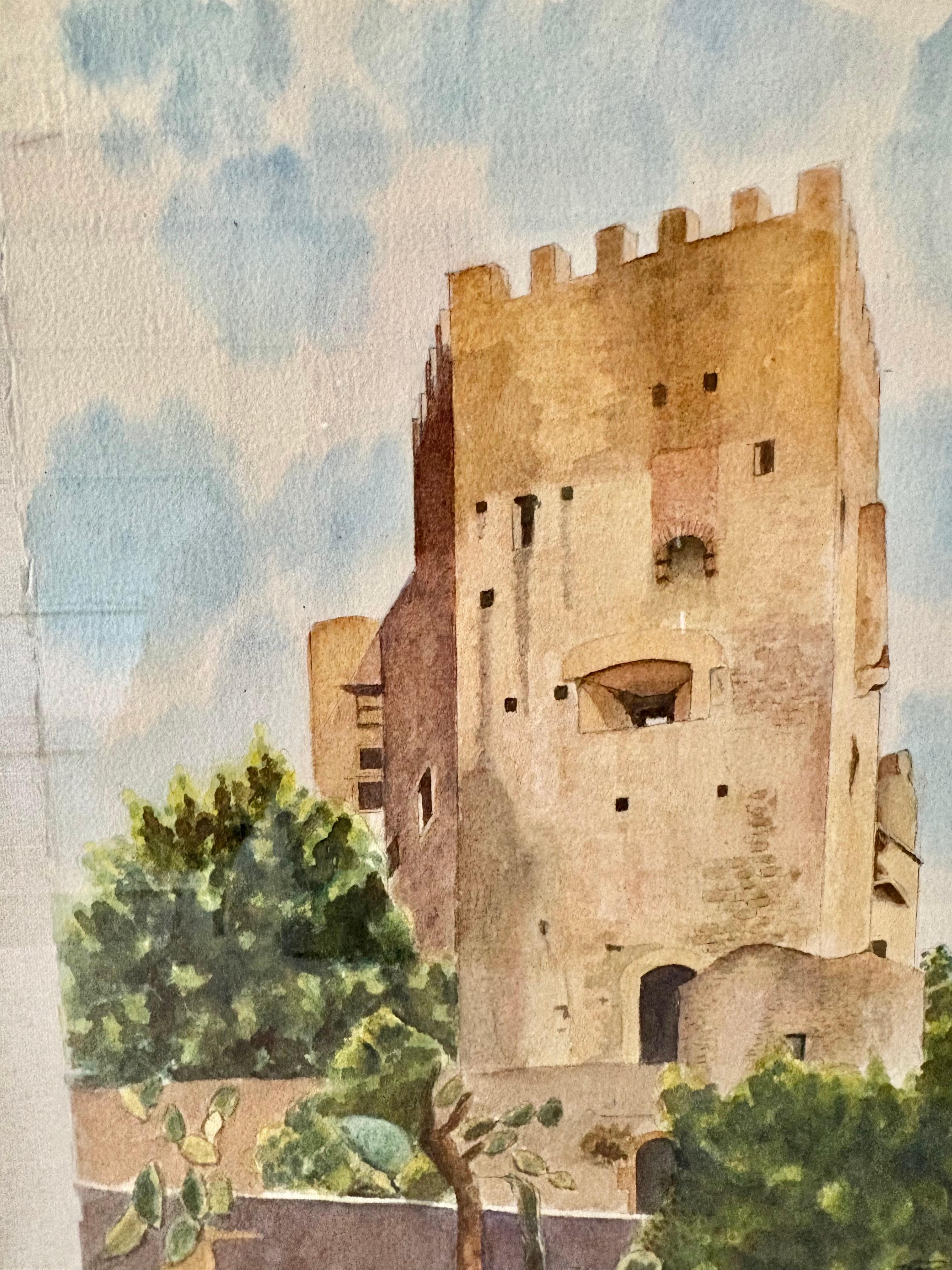 Mitte des 20. Jahrhunderts gerahmte französische Aquarellmalerei von Roquebrune a-M Le Chateau im Angebot 4