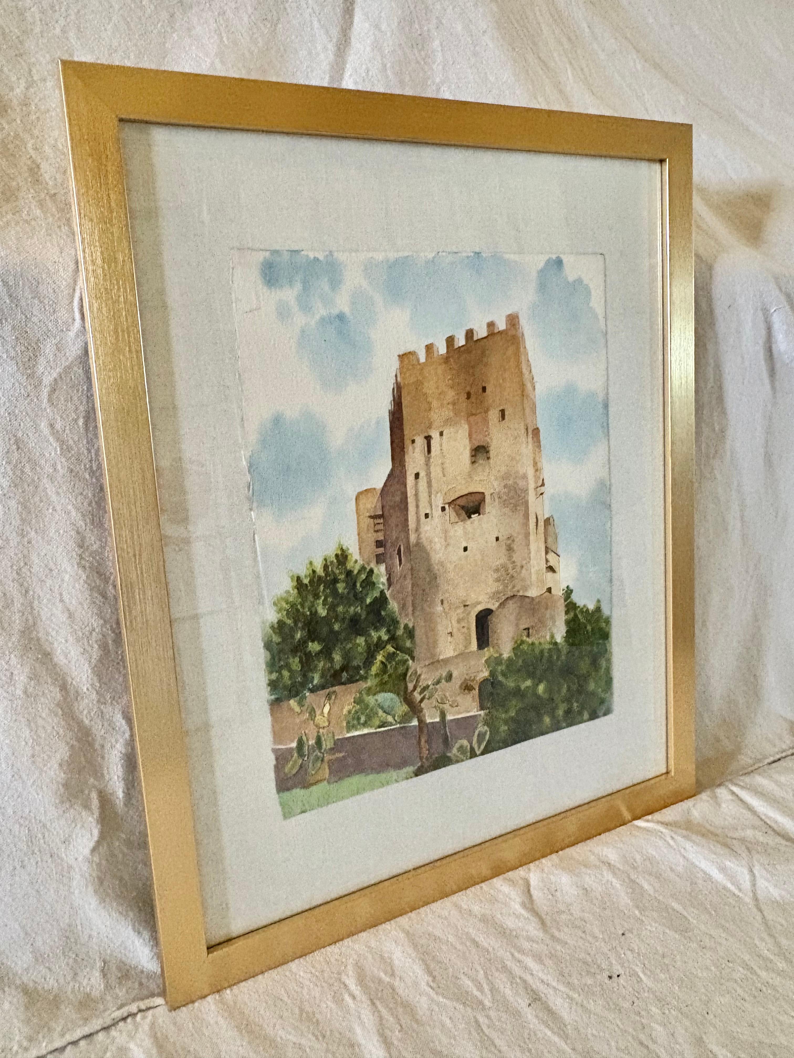 Gefunden in Südfrankreich, diese schöne Mitte des 20. Jahrhunderts Französisch Aquarell der Roquebrune a-M Le Chateau wurde von Hand auf schwere Künstler Papier in der Mitte des 1900's gemalt. Das Schloss von Roquebrune ist eine mittelalterliche