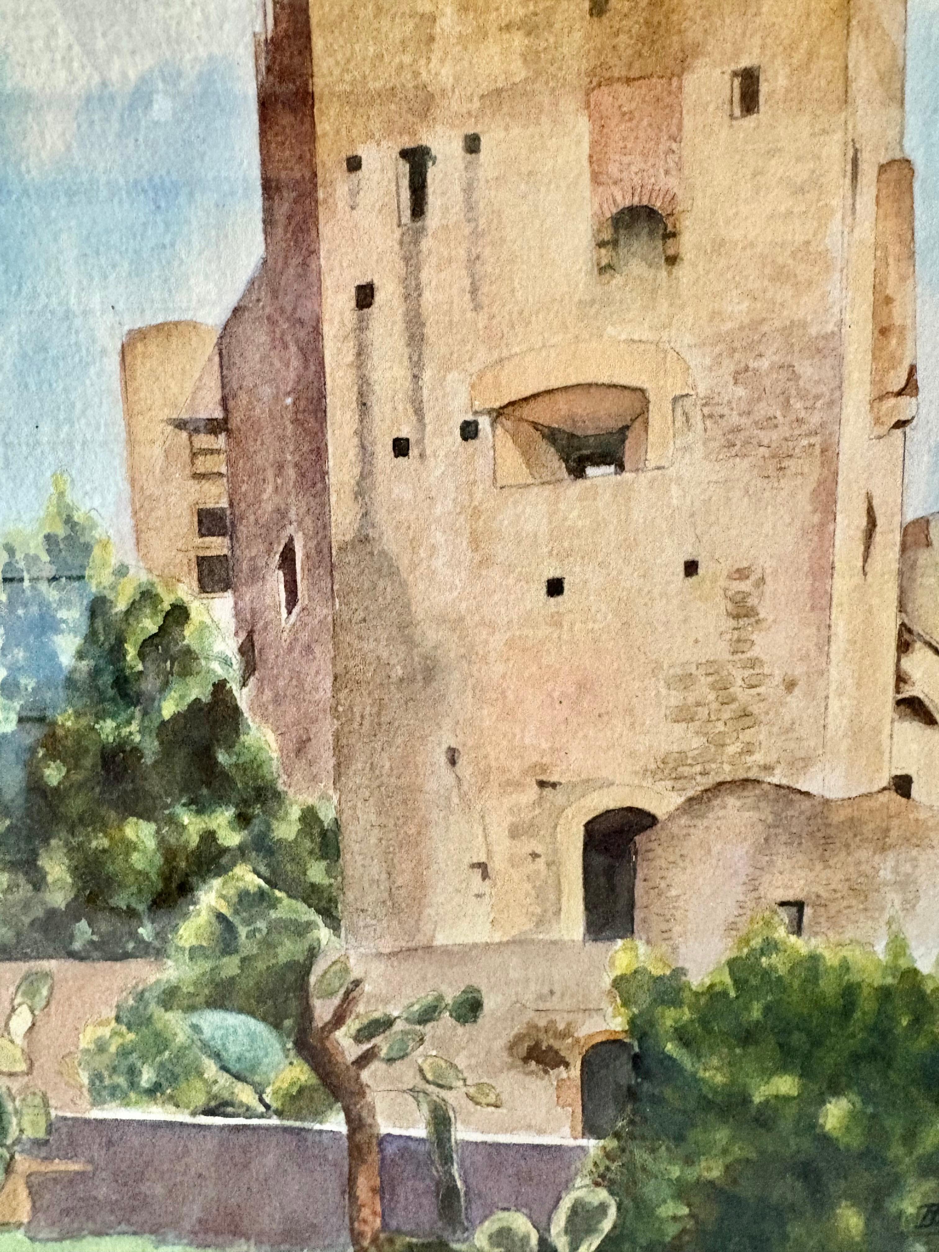 Mitte des 20. Jahrhunderts gerahmte französische Aquarellmalerei von Roquebrune a-M Le Chateau (Handbemalt) im Angebot