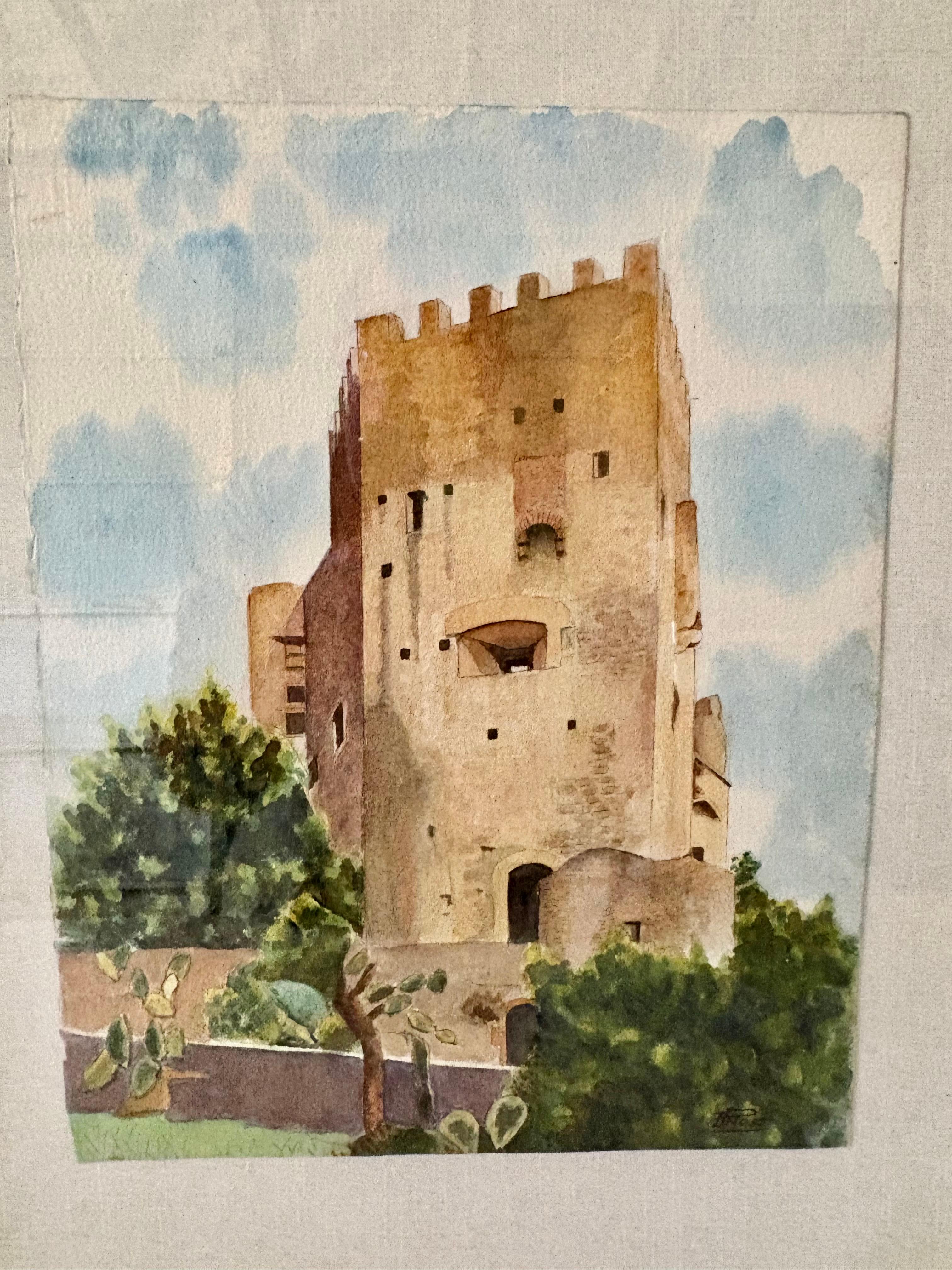Mitte des 20. Jahrhunderts gerahmte französische Aquarellmalerei von Roquebrune a-M Le Chateau im Zustand „Gut“ im Angebot in Burton, TX
