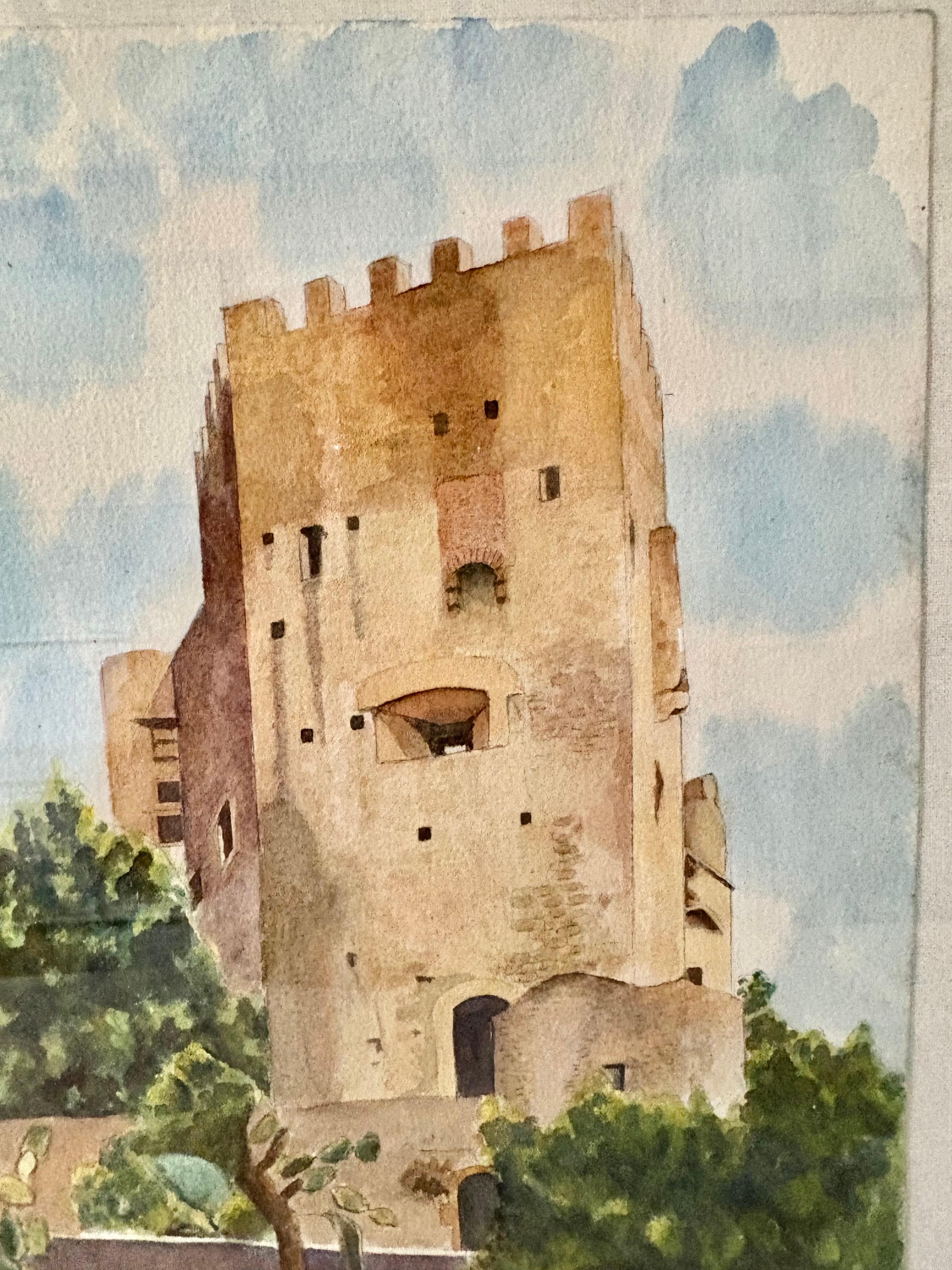 Mitte des 20. Jahrhunderts gerahmte französische Aquarellmalerei von Roquebrune a-M Le Chateau (Glas) im Angebot