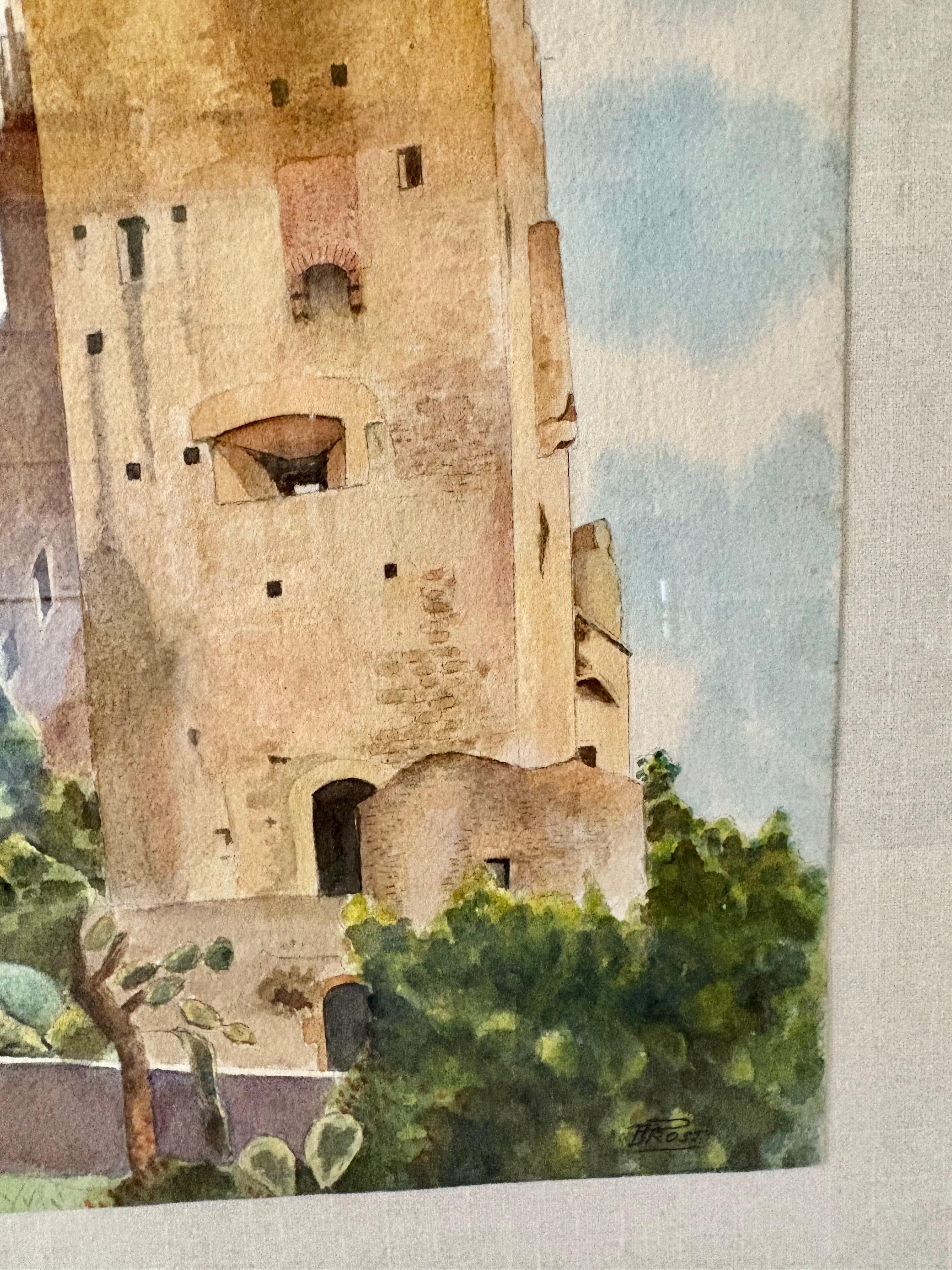 Mitte des 20. Jahrhunderts gerahmte französische Aquarellmalerei von Roquebrune a-M Le Chateau im Angebot 1