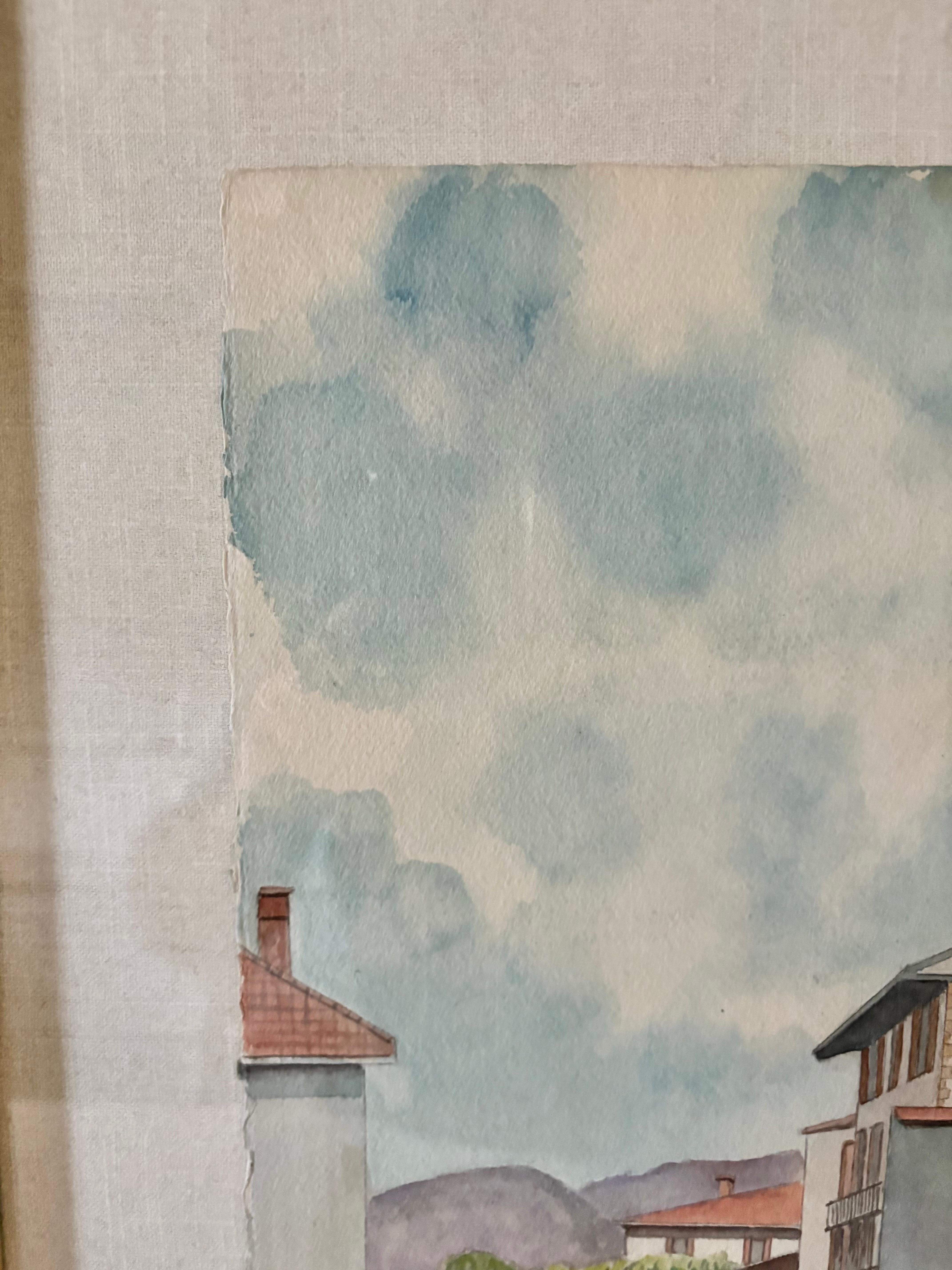 Mitte des 20. Jahrhunderts gerahmt Französisch Aquarell von St. Jean Pied De Port im Angebot 7