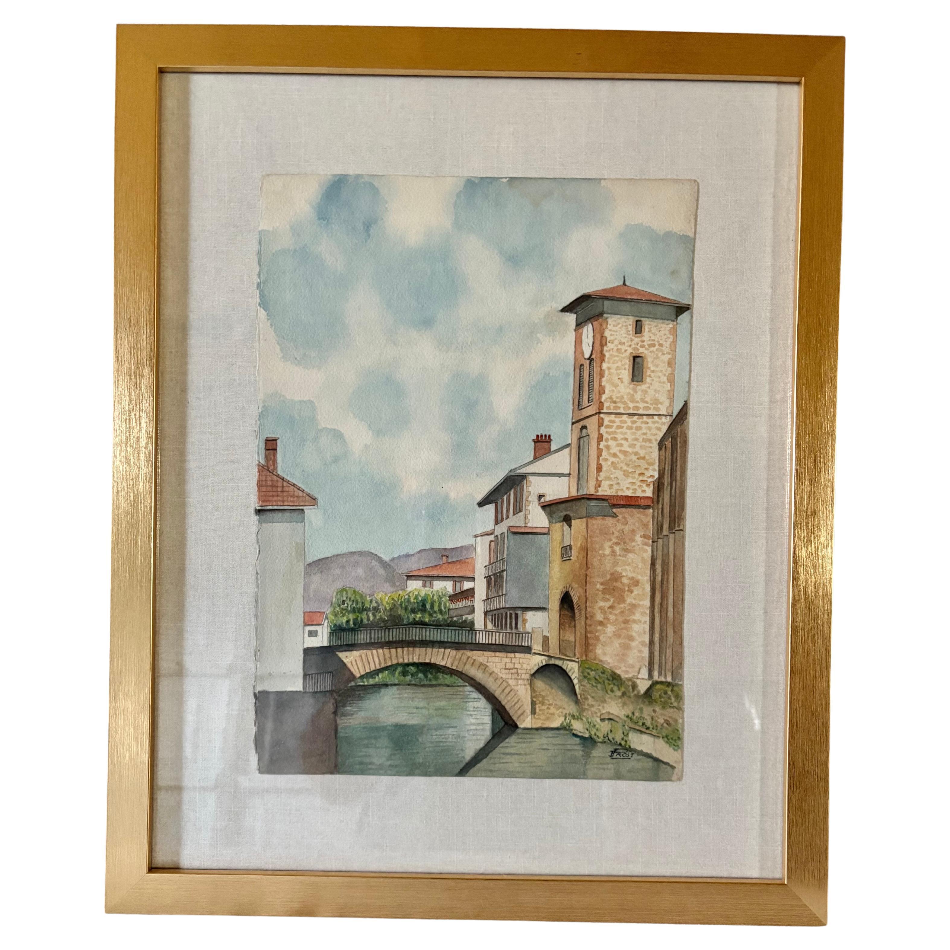 Gefunden in Südfrankreich, diese schöne Mitte des 20. Jahrhunderts gerahmt Französisch Aquarell von St. Jean Pied De Port wurde von Hand auf schwere Künstler Papier in der Mitte 1900's gemalt. Dies ist eine Wiedergabe eines Teils von