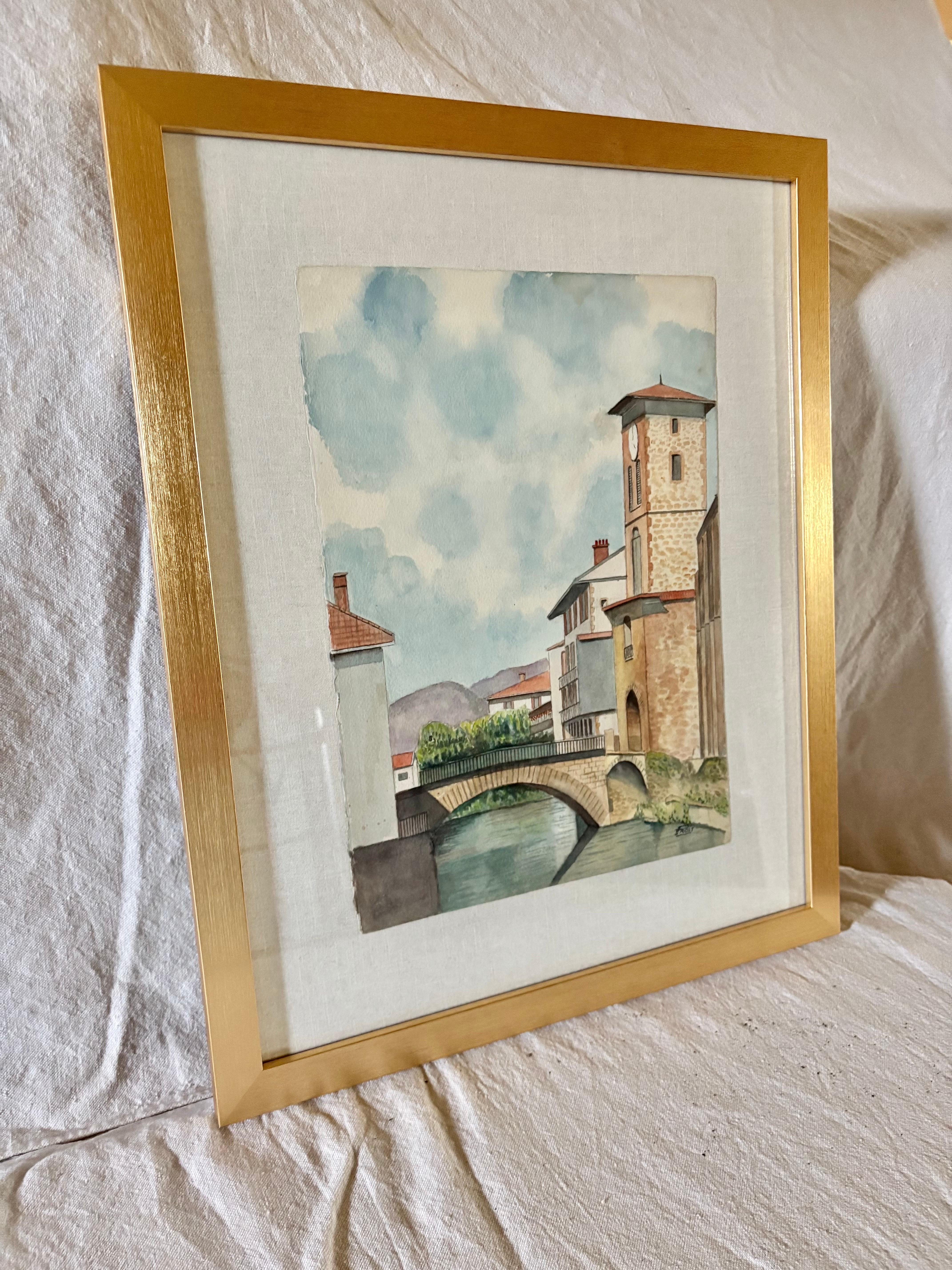Mitte des 20. Jahrhunderts gerahmt Französisch Aquarell von St. Jean Pied De Port (Handbemalt) im Angebot