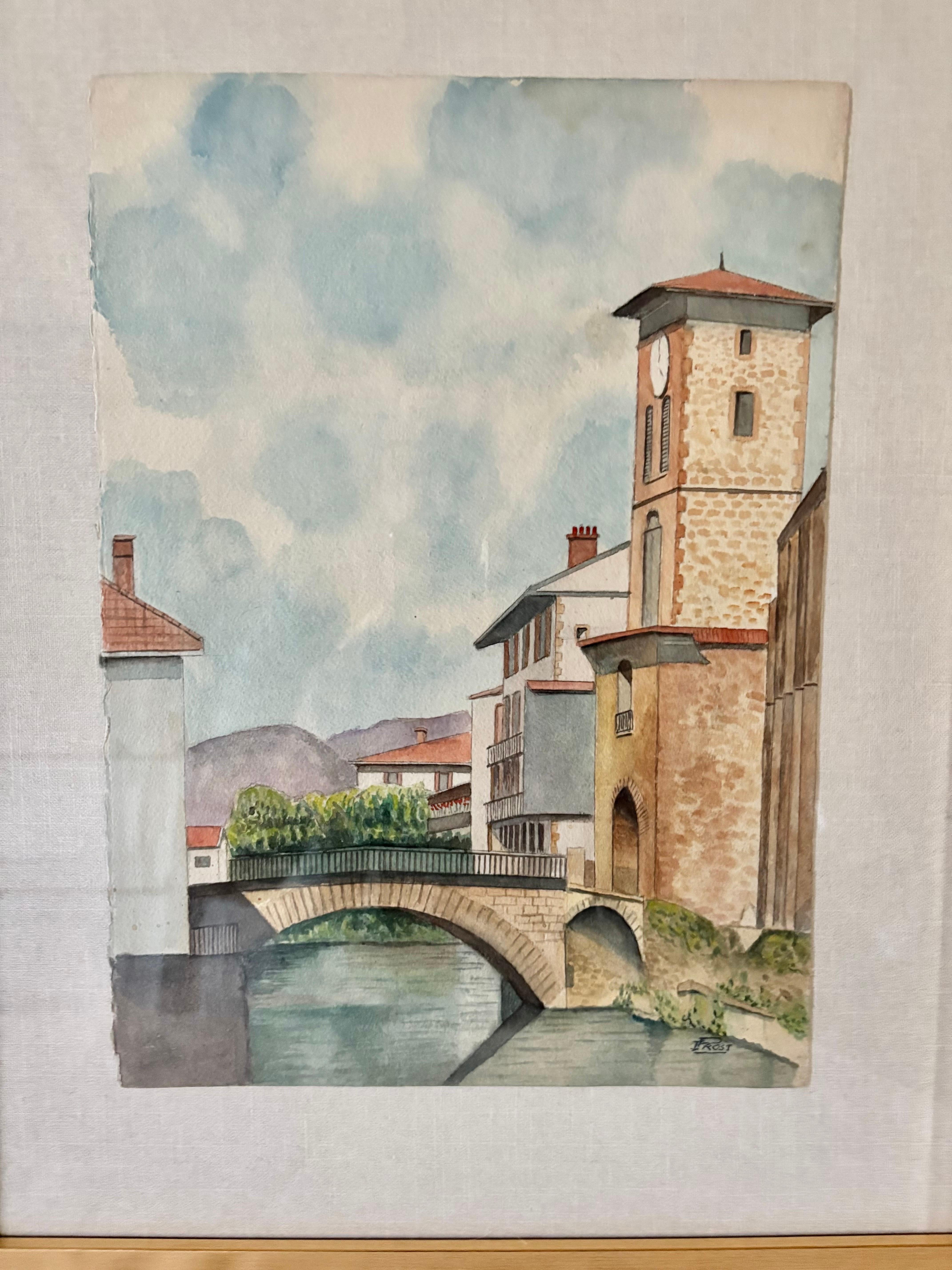 Mitte des 20. Jahrhunderts gerahmt Französisch Aquarell von St. Jean Pied De Port im Zustand „Gut“ im Angebot in Burton, TX