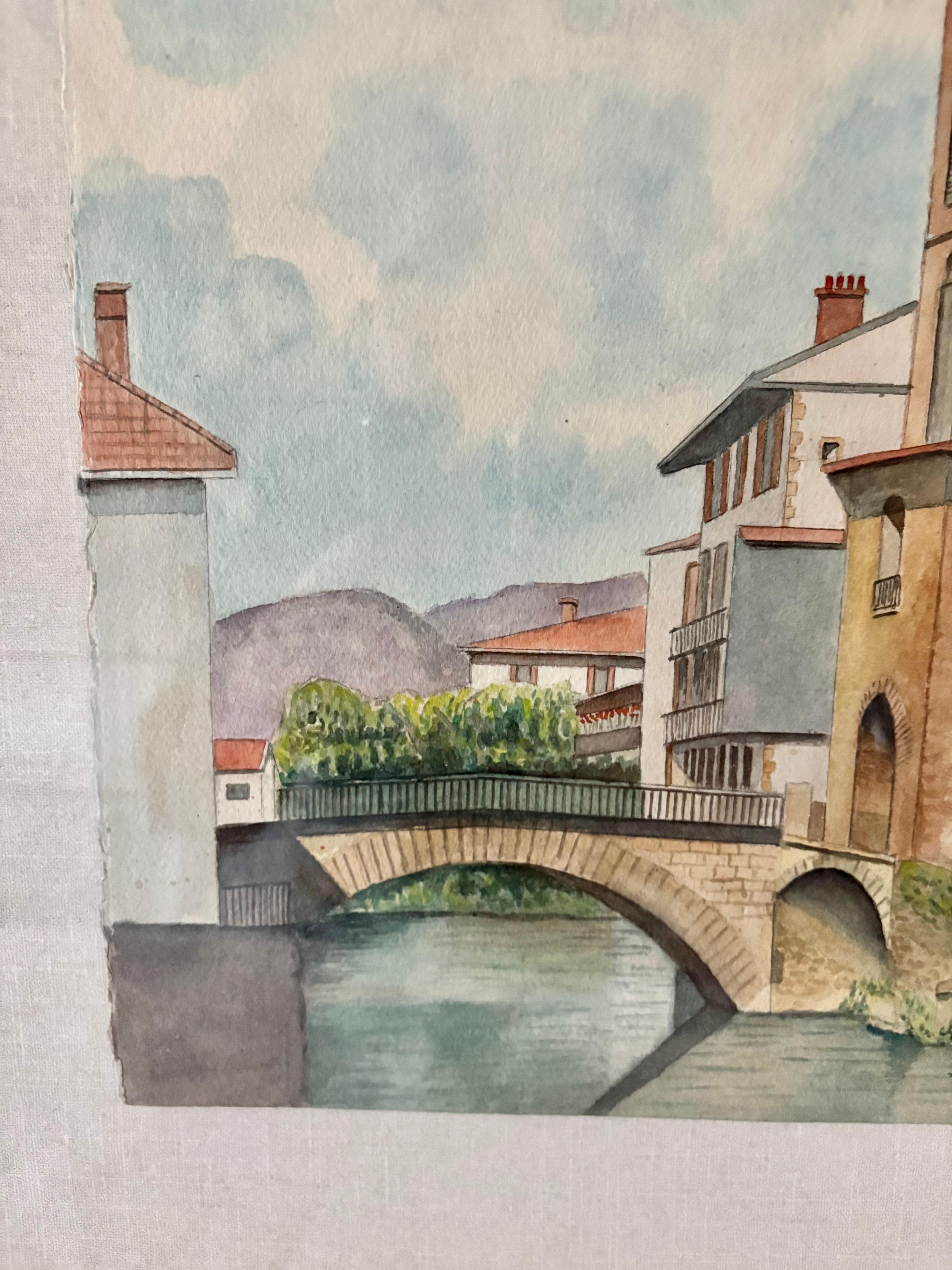 Mitte des 20. Jahrhunderts gerahmt Französisch Aquarell von St. Jean Pied De Port (Glas) im Angebot