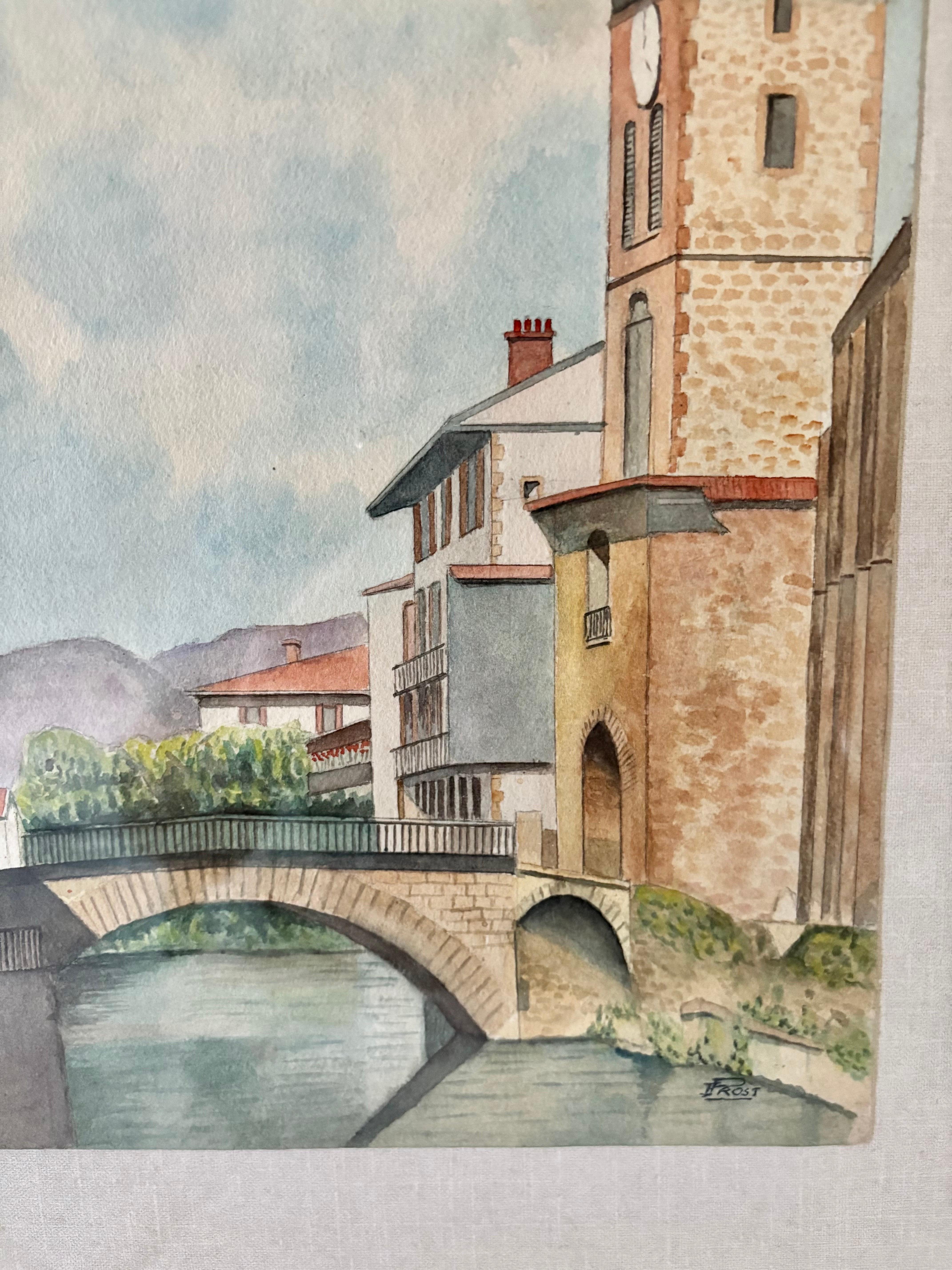 Mitte des 20. Jahrhunderts gerahmt Französisch Aquarell von St. Jean Pied De Port im Angebot 1