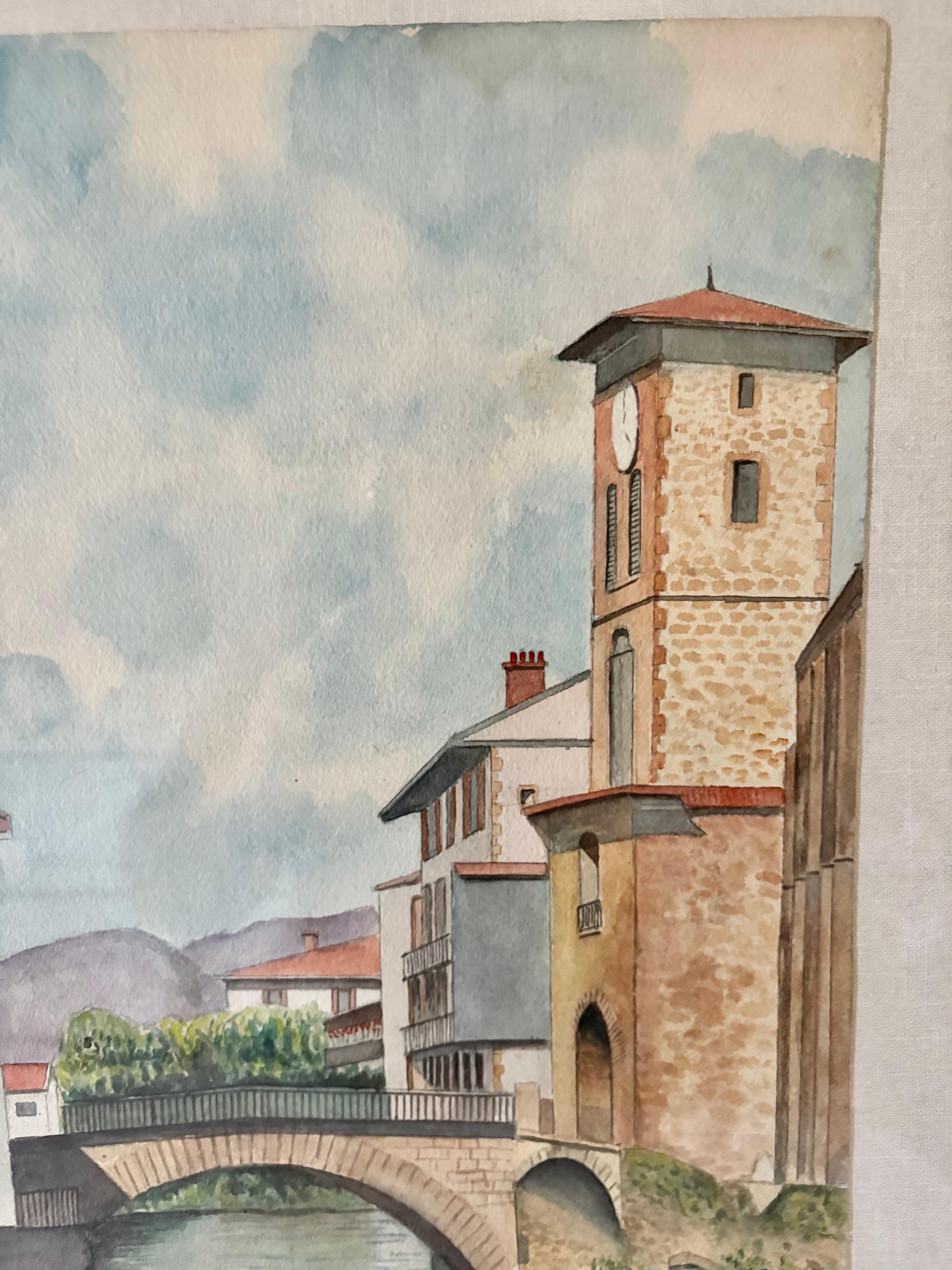 Mitte des 20. Jahrhunderts gerahmt Französisch Aquarell von St. Jean Pied De Port im Angebot 3