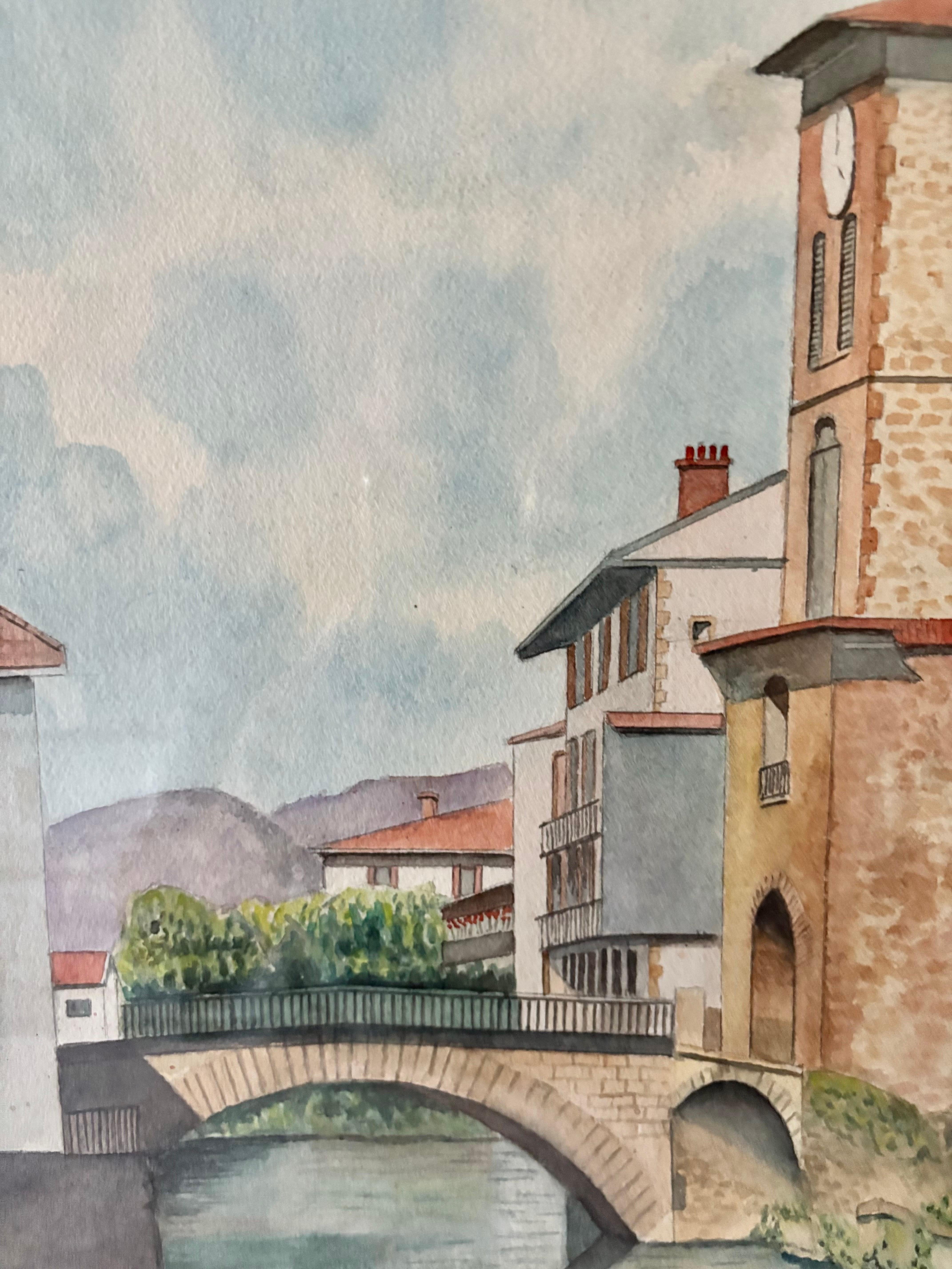 Mitte des 20. Jahrhunderts gerahmt Französisch Aquarell von St. Jean Pied De Port im Angebot 4