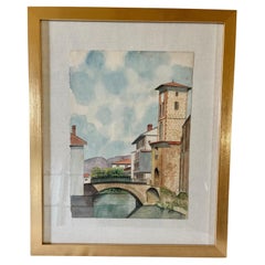 Mitte des 20. Jahrhunderts gerahmt Französisch Aquarell von St. Jean Pied De Port
