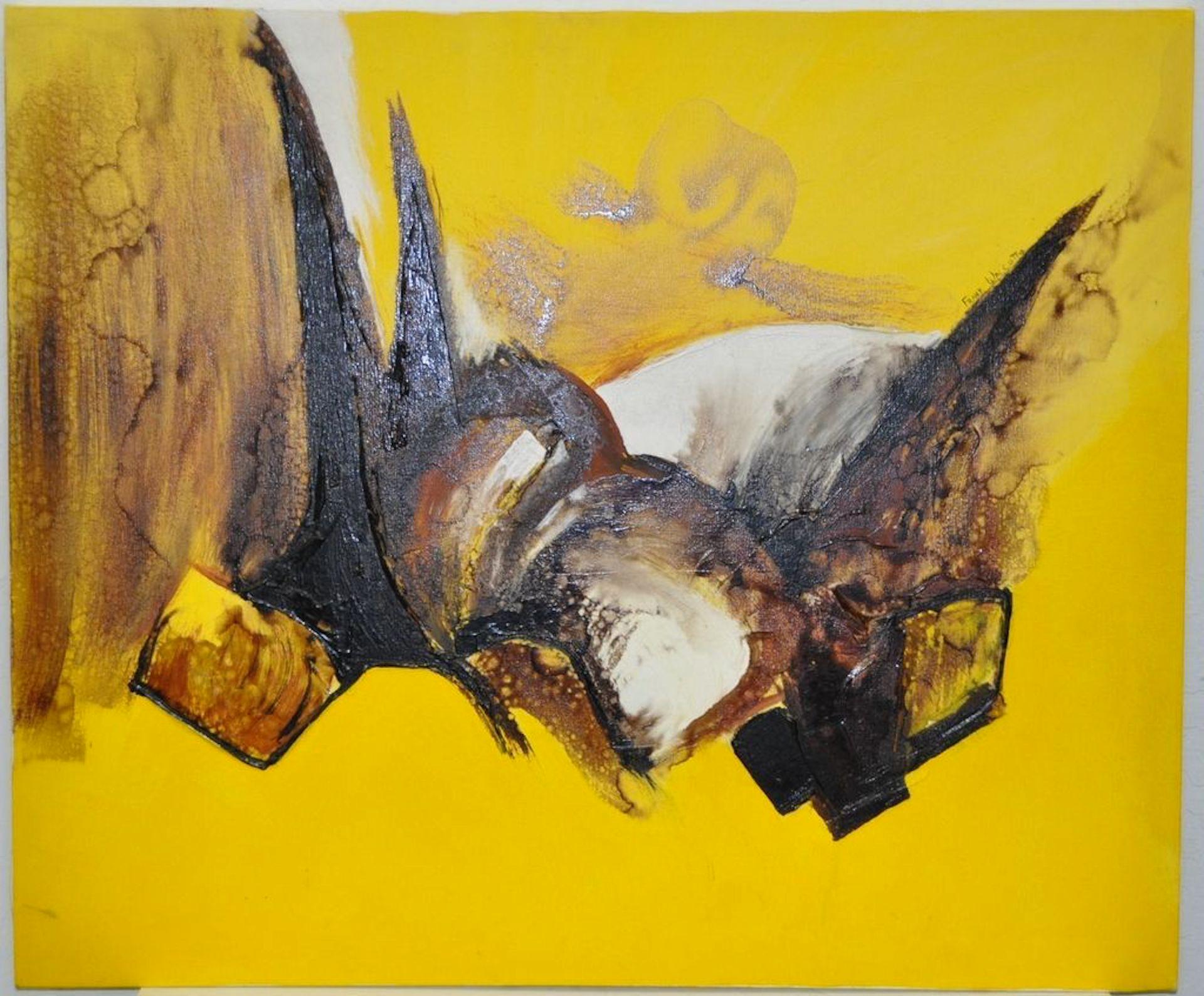 Mid-Century Modern Peinture à l'huile abstraite jaune et marron de Frank Walcutt datant du milieu du 20e siècle, vers 1972 en vente