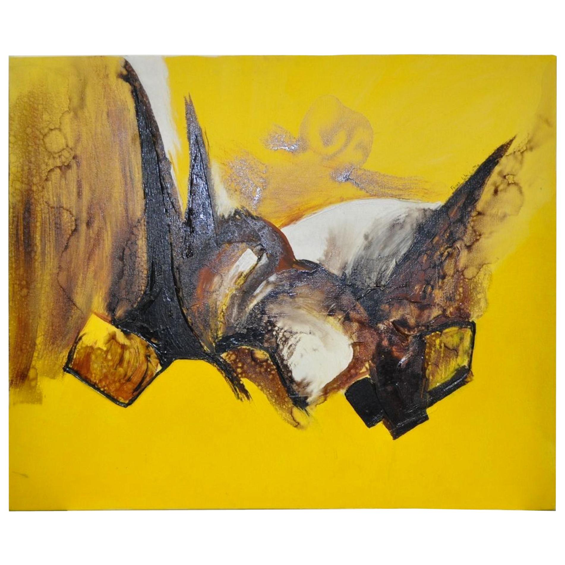 Peinture à l'huile abstraite jaune et marron de Frank Walcutt datant du milieu du 20e siècle, vers 1972