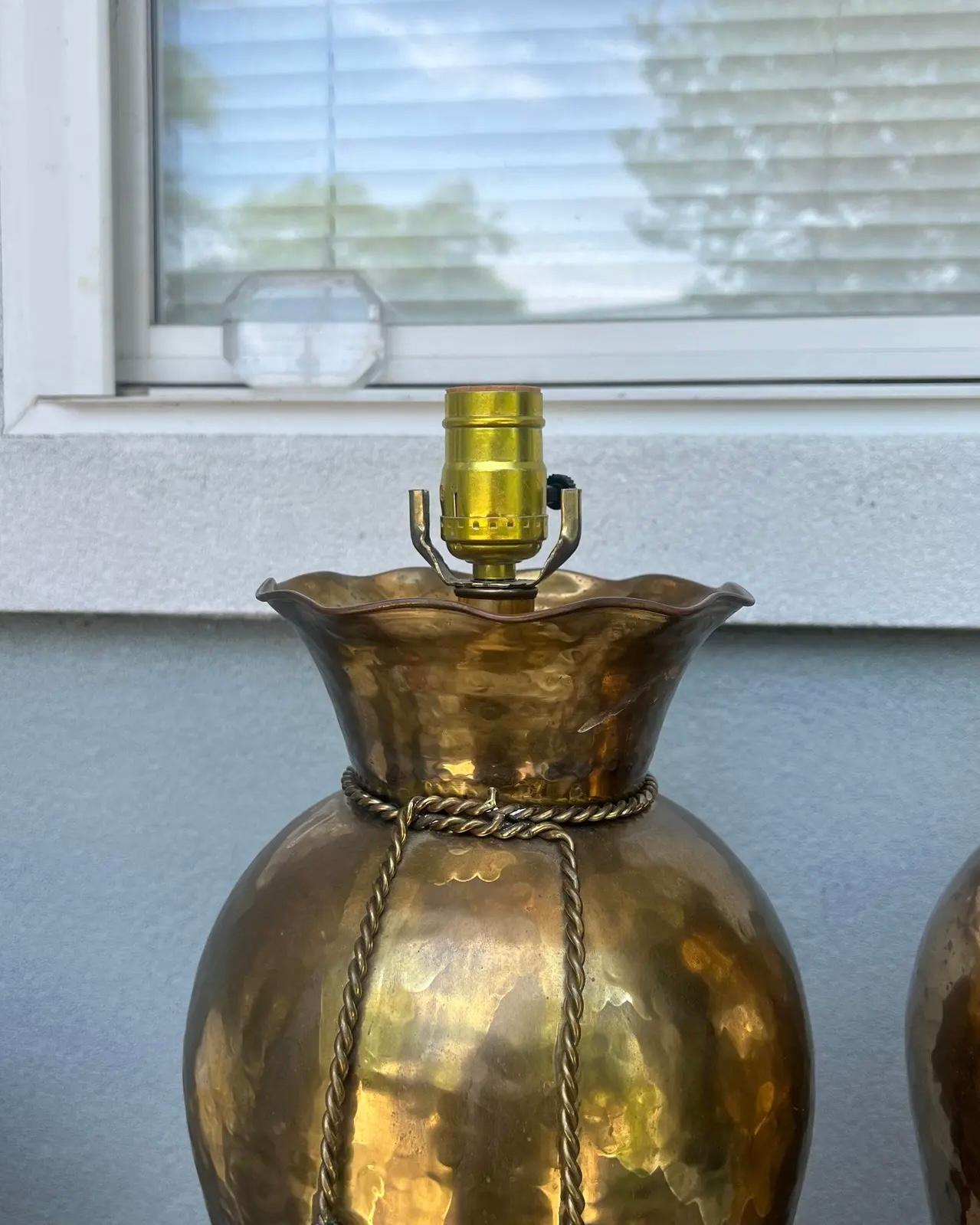 Mid-20th Century Frederick Cooper style Brass rope and tassel lamps In Good Condition For Sale In Charleston, SC