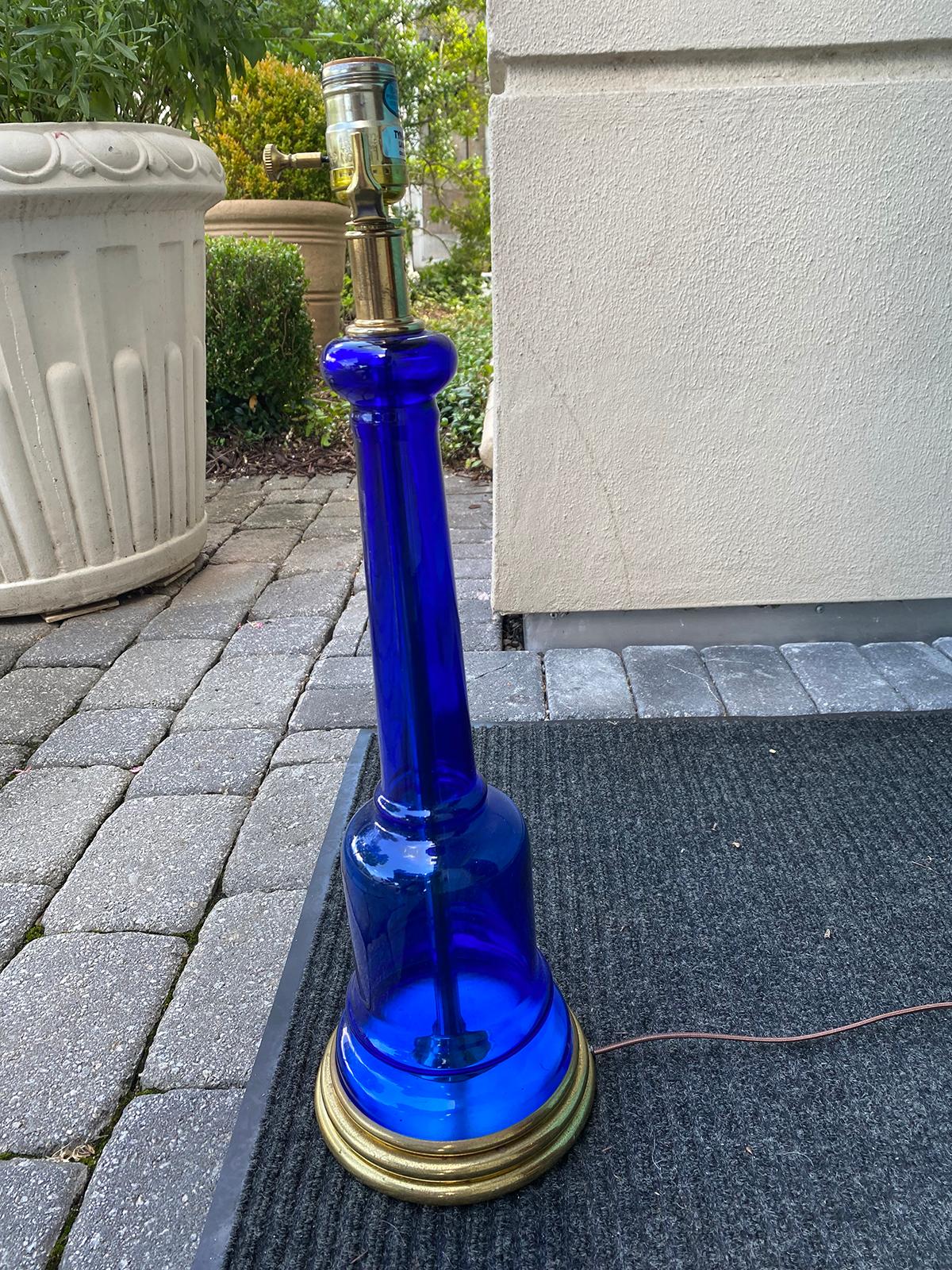 Brass Mid-20th Century Frederick Cooper Style Cobalt Blue Lamp, Tyndale Lamps Sticker For Sale