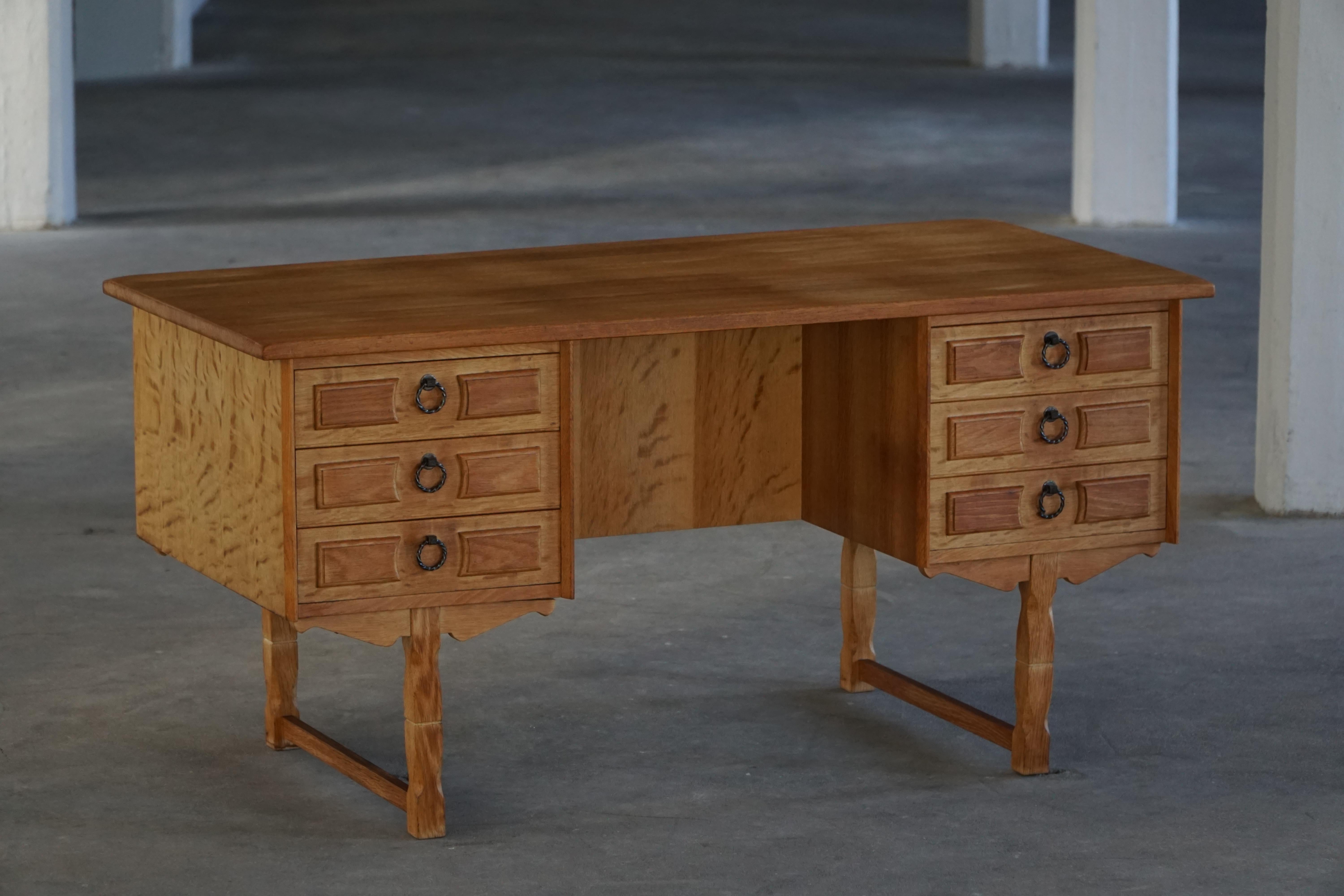 Brutalist Mid-20th Century, Freestanding Oak Desk by Henning Kjærnulf, Denmark, 1960s For Sale