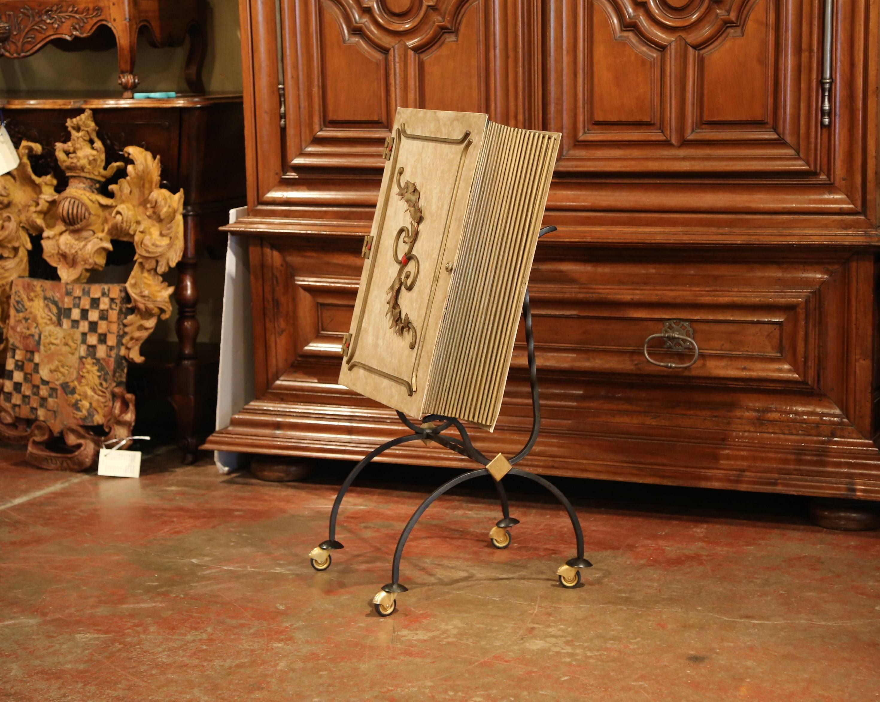 Gilt Mid-20th Century French Art Deco Leather and Iron Book Shape Liquor Bar Cabinet