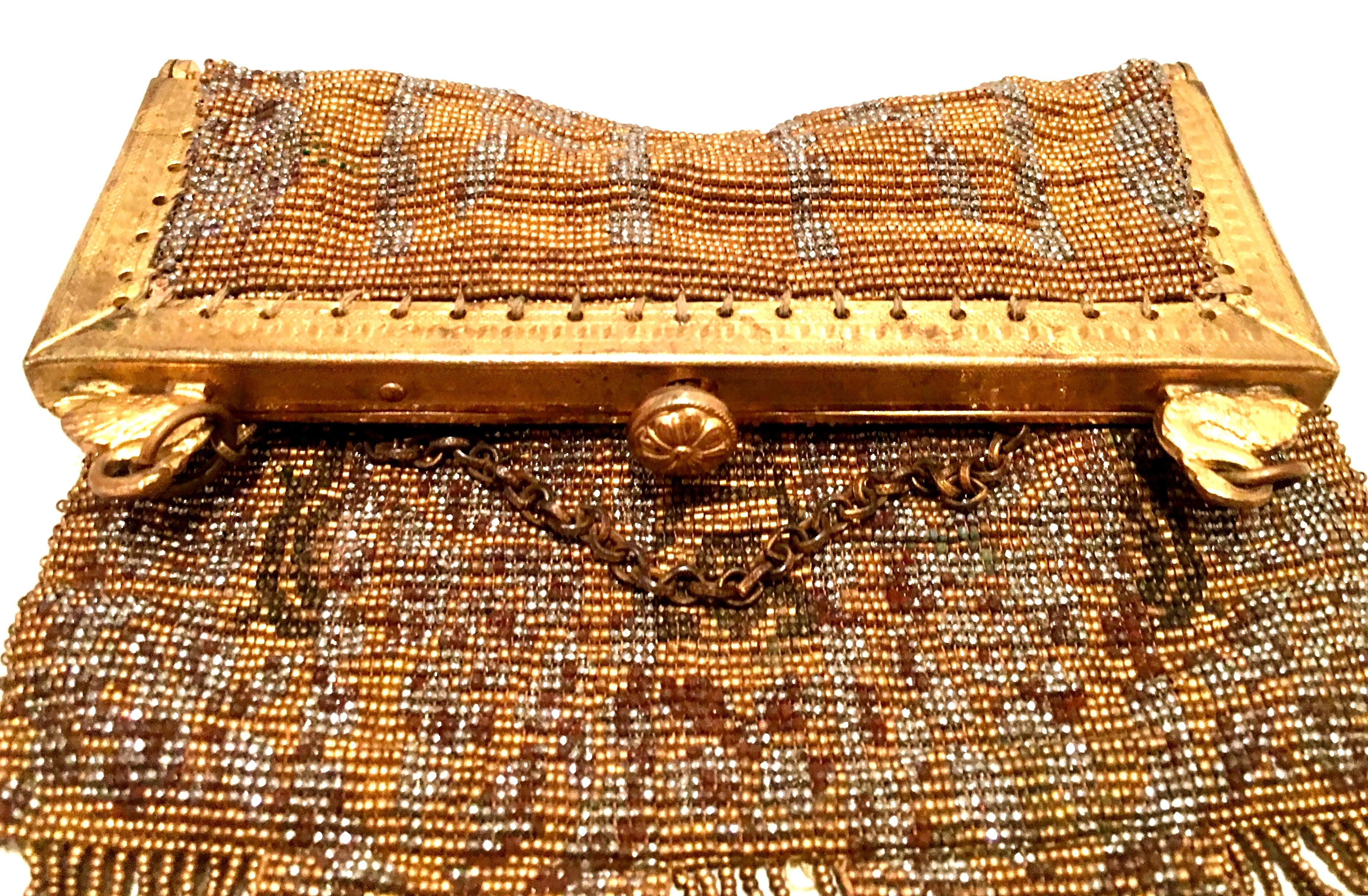 Brown Mid-20th Century French Art Deco Micro Bead & Gold Plate Frame Evening Bag