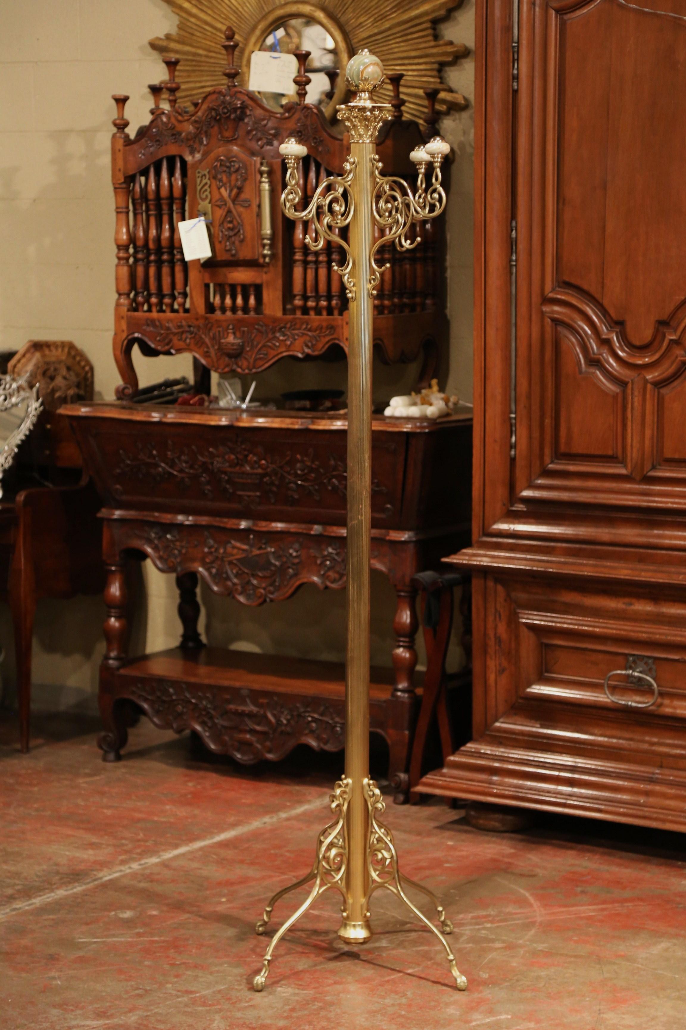 Hand-Crafted Mid-20th Century French Art Deco Ornate Brass and Marble Coat Stand