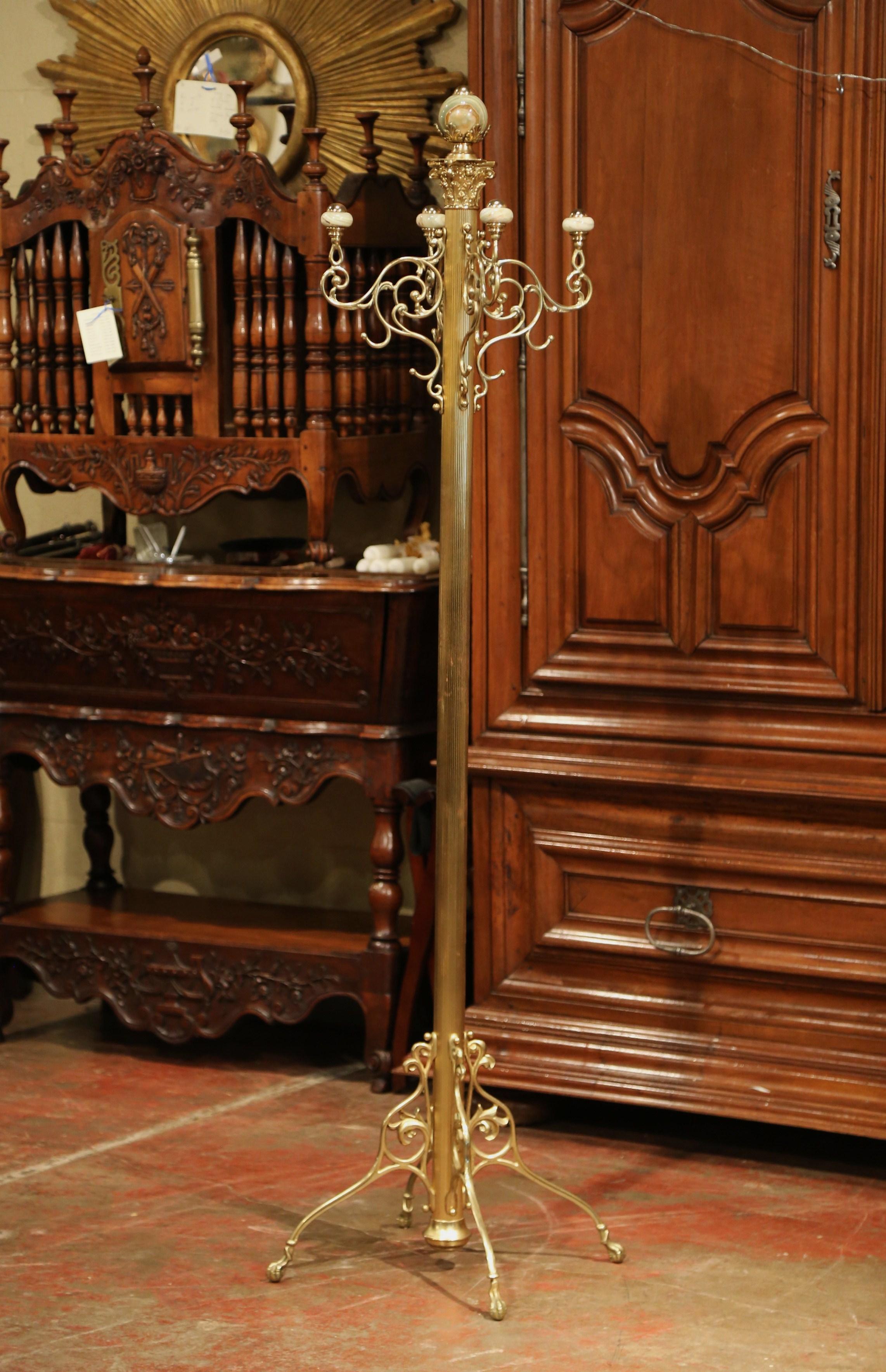 Mid-20th Century French Art Deco Ornate Brass and Marble Coat Stand 1