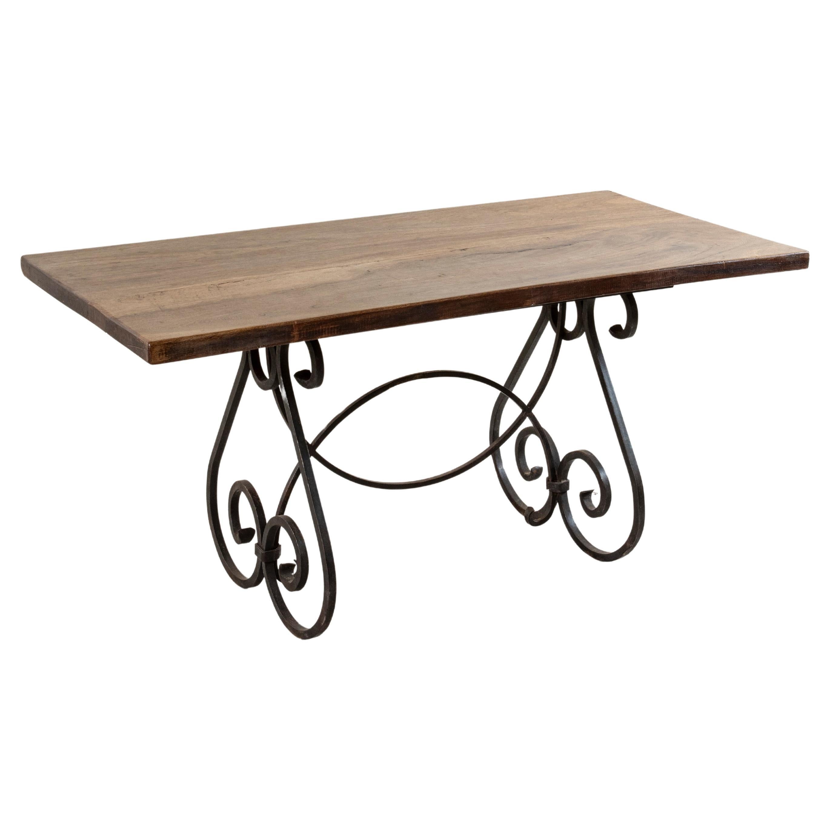 Mid-20th Century French Artisan Made Walnut and Iron Dining Table, Writing Table For Sale