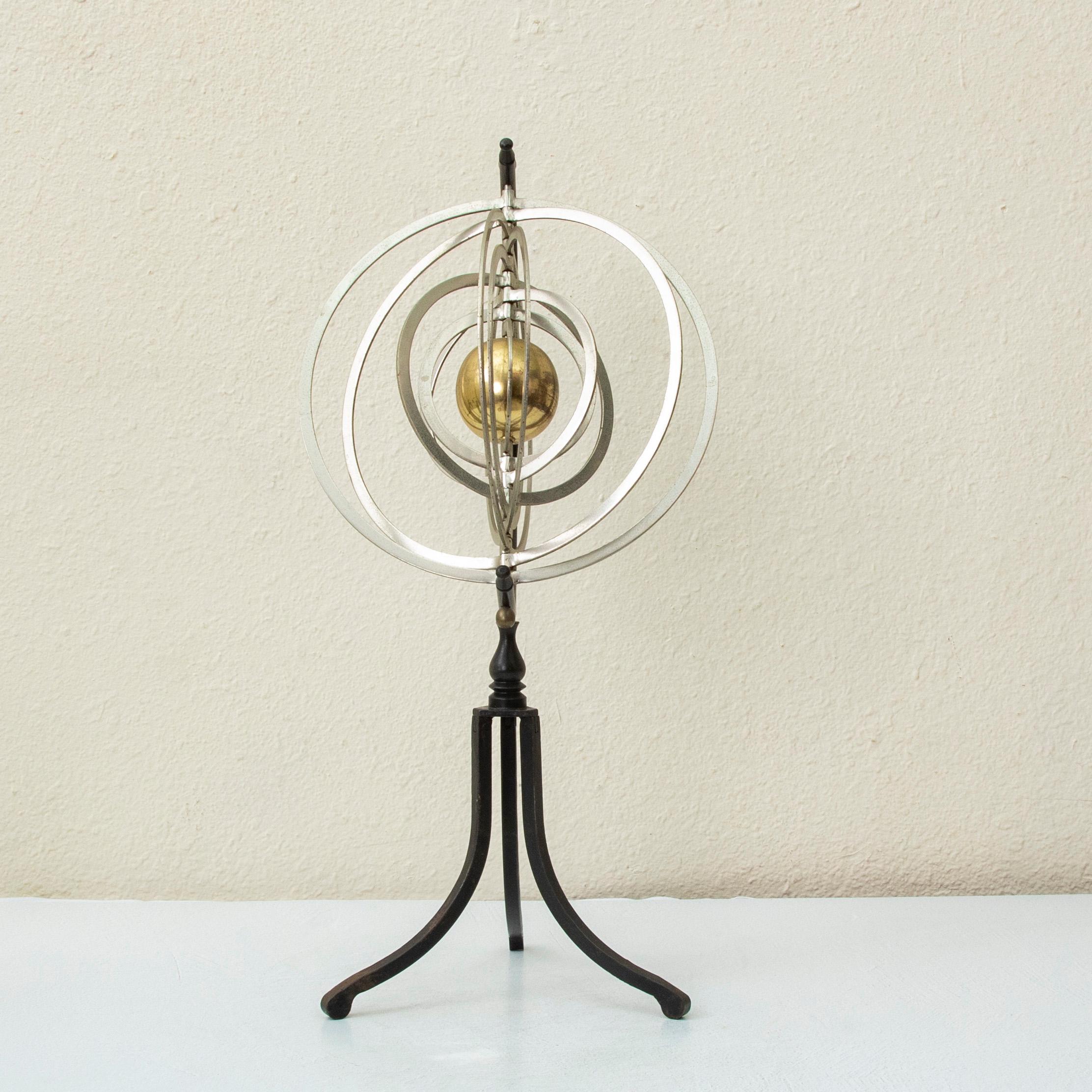 Mid-20th Century French Artistan-Made Brass and Steel Astrolabe on Iron Base In Good Condition In Fayetteville, AR